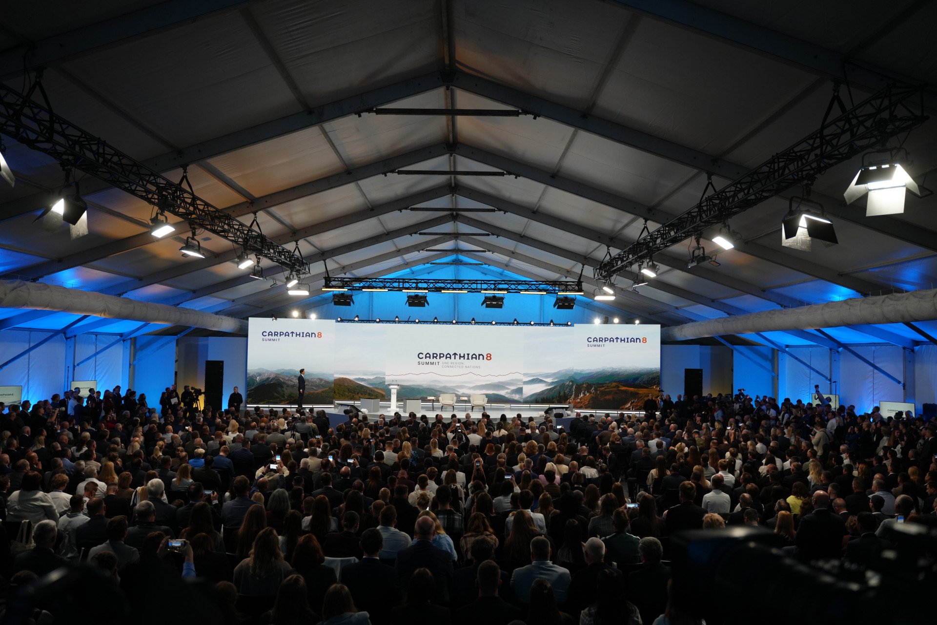 President Volodymyr Zelenskyy and regional leaders speaking at the inaugural Carpathian 8 Summit in Ukraine.