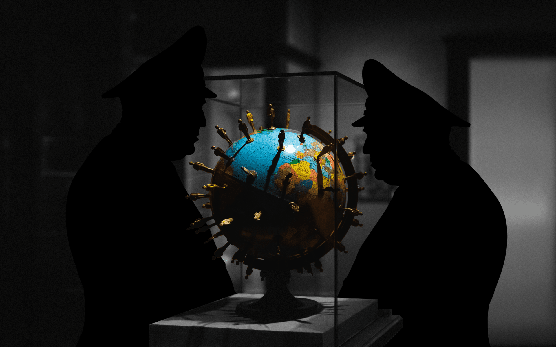 Silhouettes of military officers stand beside a globe in a conceptual image of global war planning. (Source: UNITED24 Media/Oleksandr Manukians) Silhouettes of military officers stand beside a globe in a conceptual image of global war planning. (Source: UNITED24 Media/Oleksandr Manukians)
