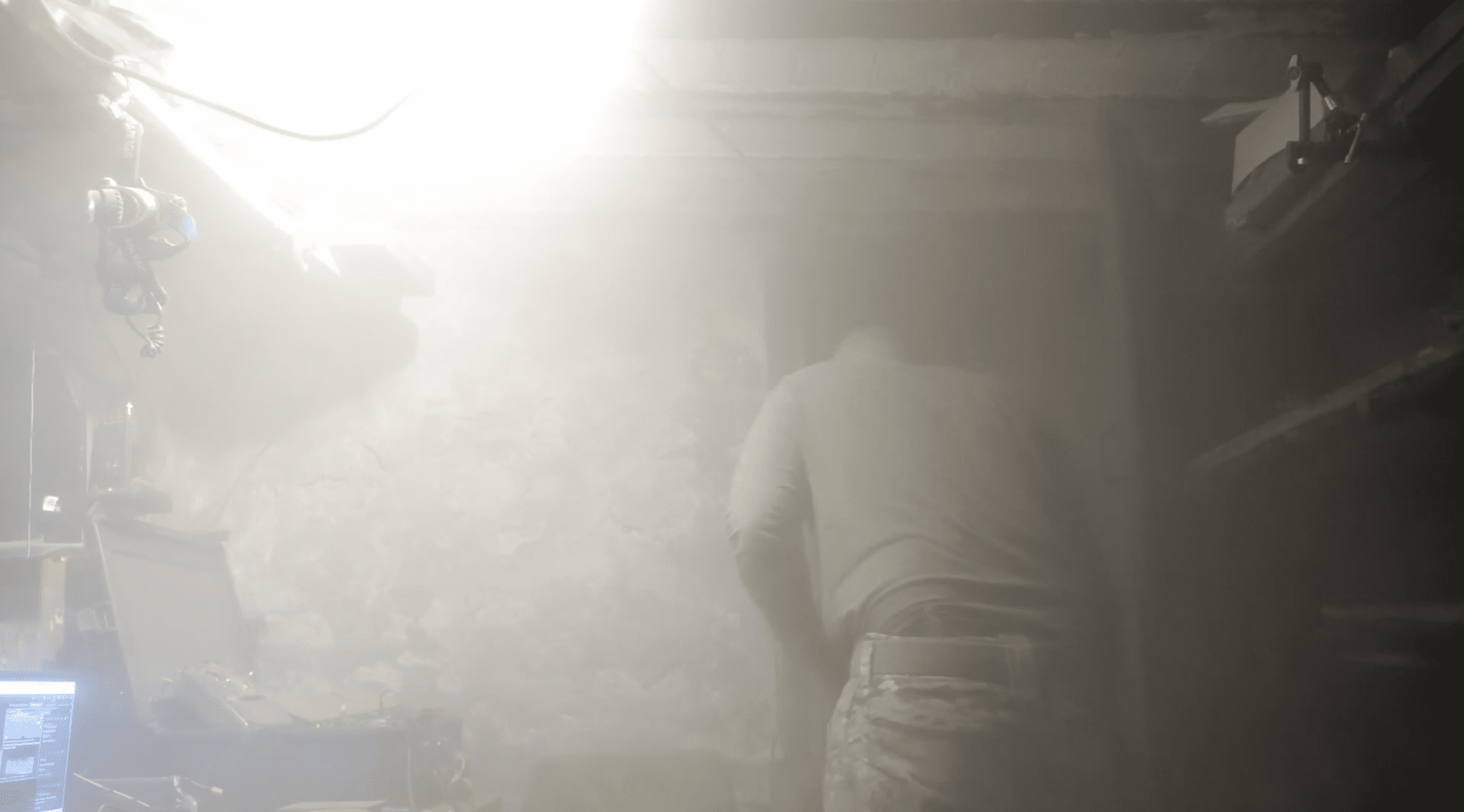 Still from the film Genie in the Air, directed by Serhii Lycenko. Lycenko films the aftermath of a bombing that struck their position. 2026 (Source: Serhii Lycenko/36th Separate Marine Brigade of the Ukrainian Navy)
