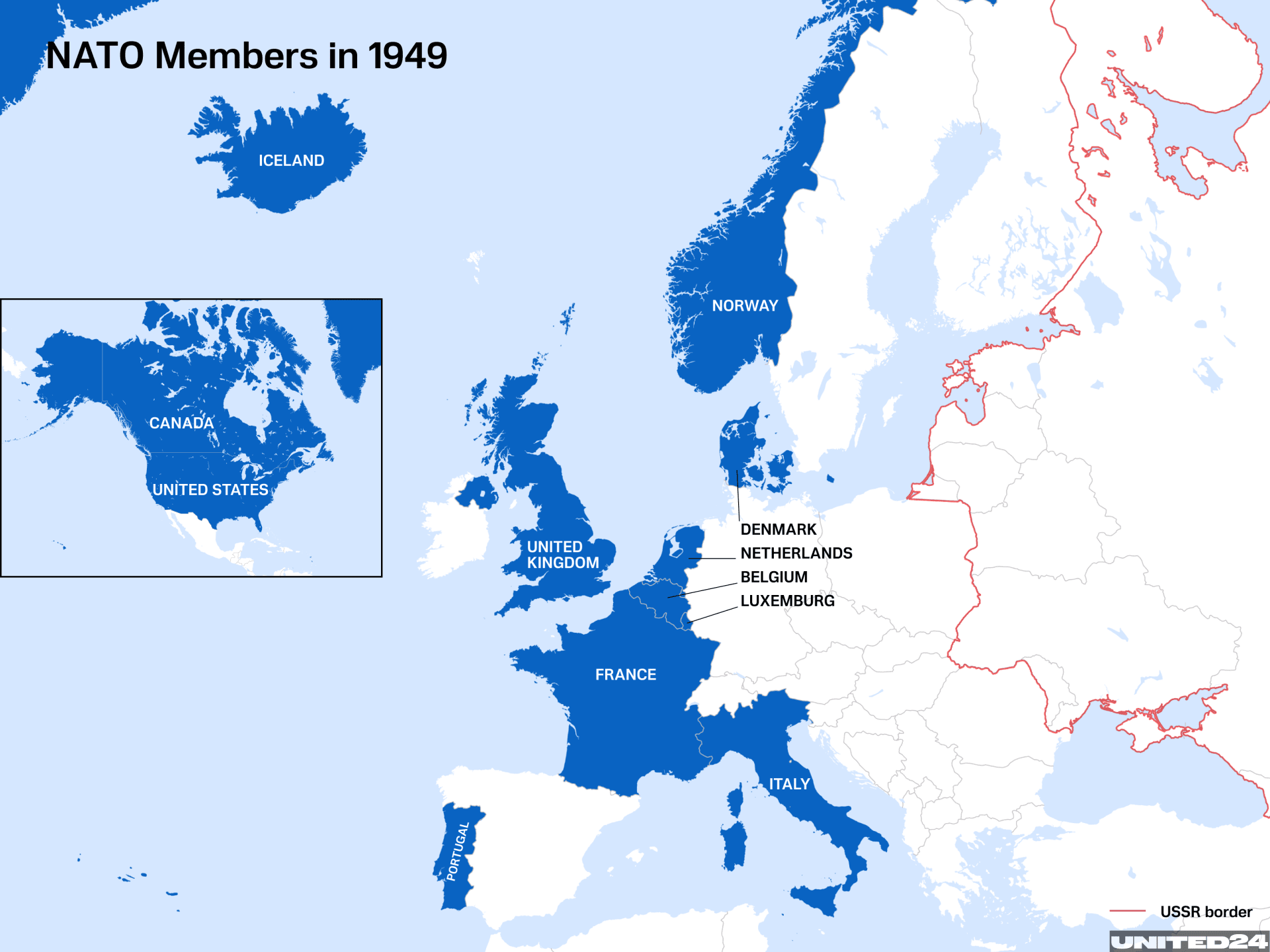 Map of European NATO member states as of 1949. (Illustration: UNITED24 Media) Map of European NATO member states as of 1949. (Illustration: UNITED24 Media)