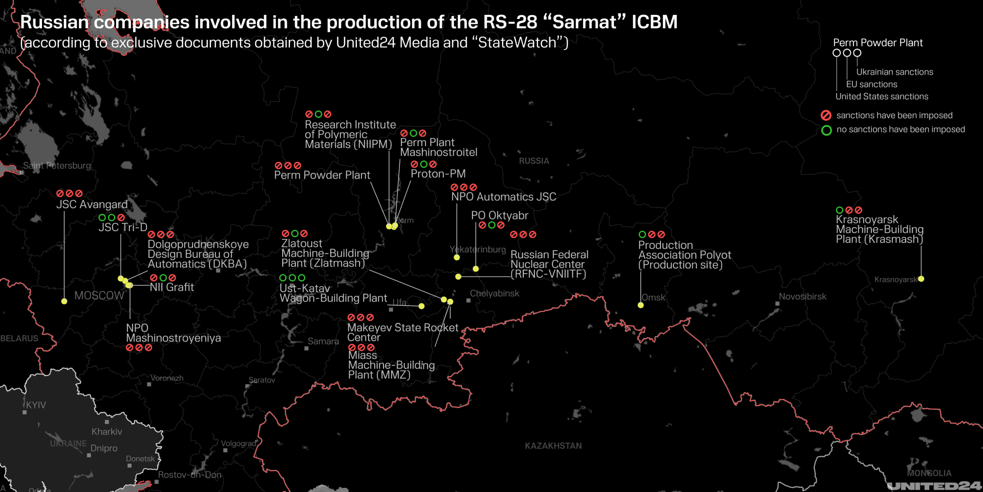 Map of Russian companies involved in the production of the RS-28 "Sarmat" ICBM. (Illustration: UNITED24 Media)