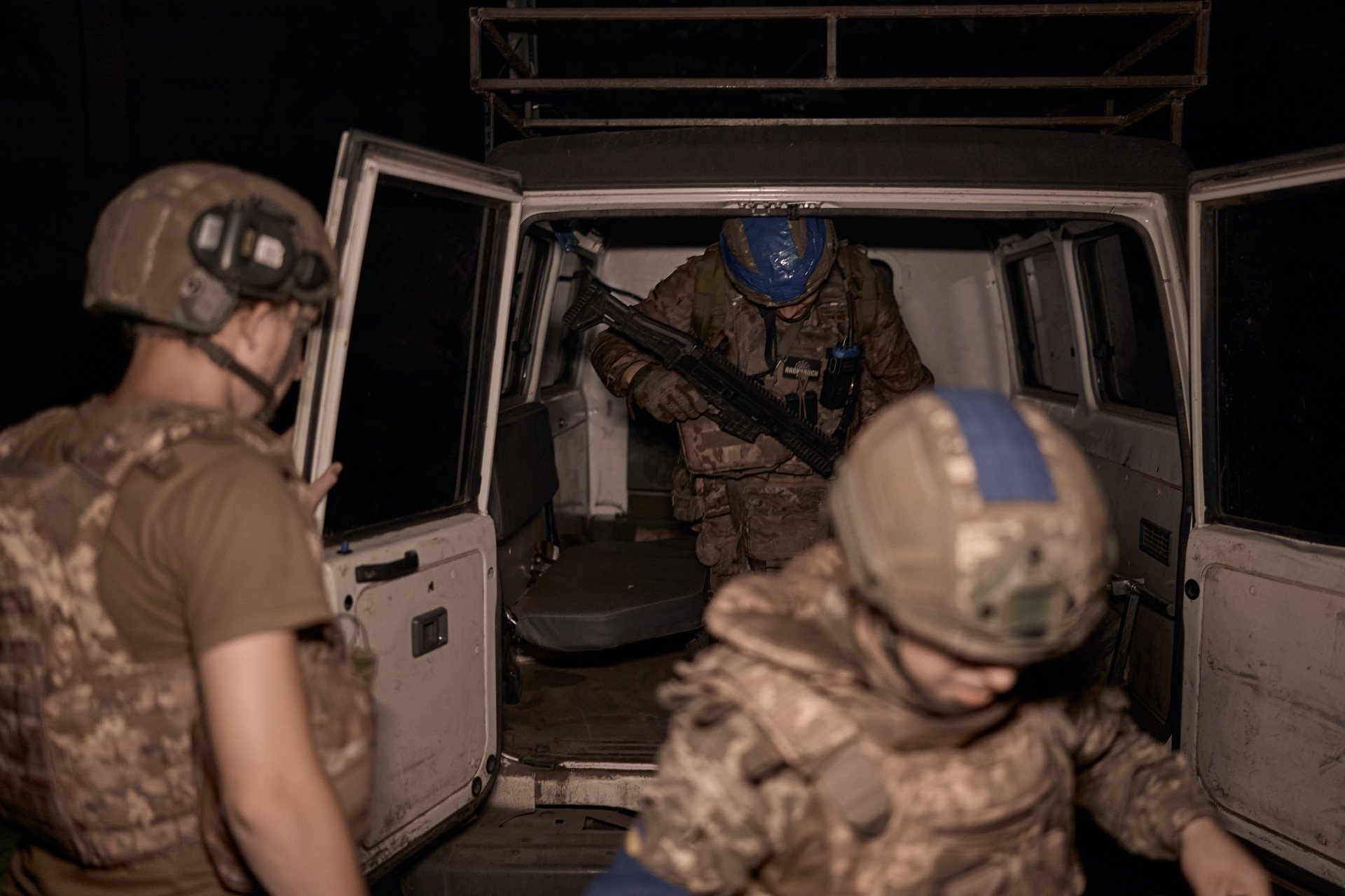 Ukrainian soldiers carry out a night rotation before a leave period after manning their positions for 10 days on July 27, 2024 in Donetsk Region, Ukraine. (Source: Getty Images)