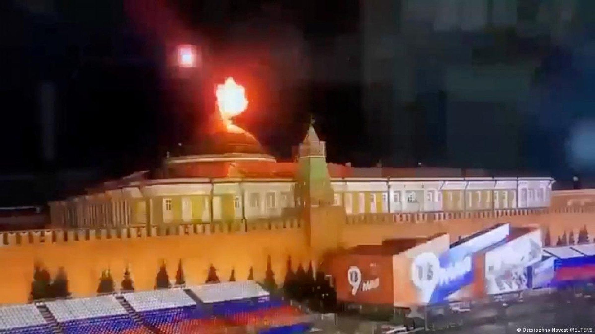 A Ukrainian drone strikes the roof of the Senate building inside the Kremlin in Moscow on May 3, 2023. (Source: Open Ukraine)