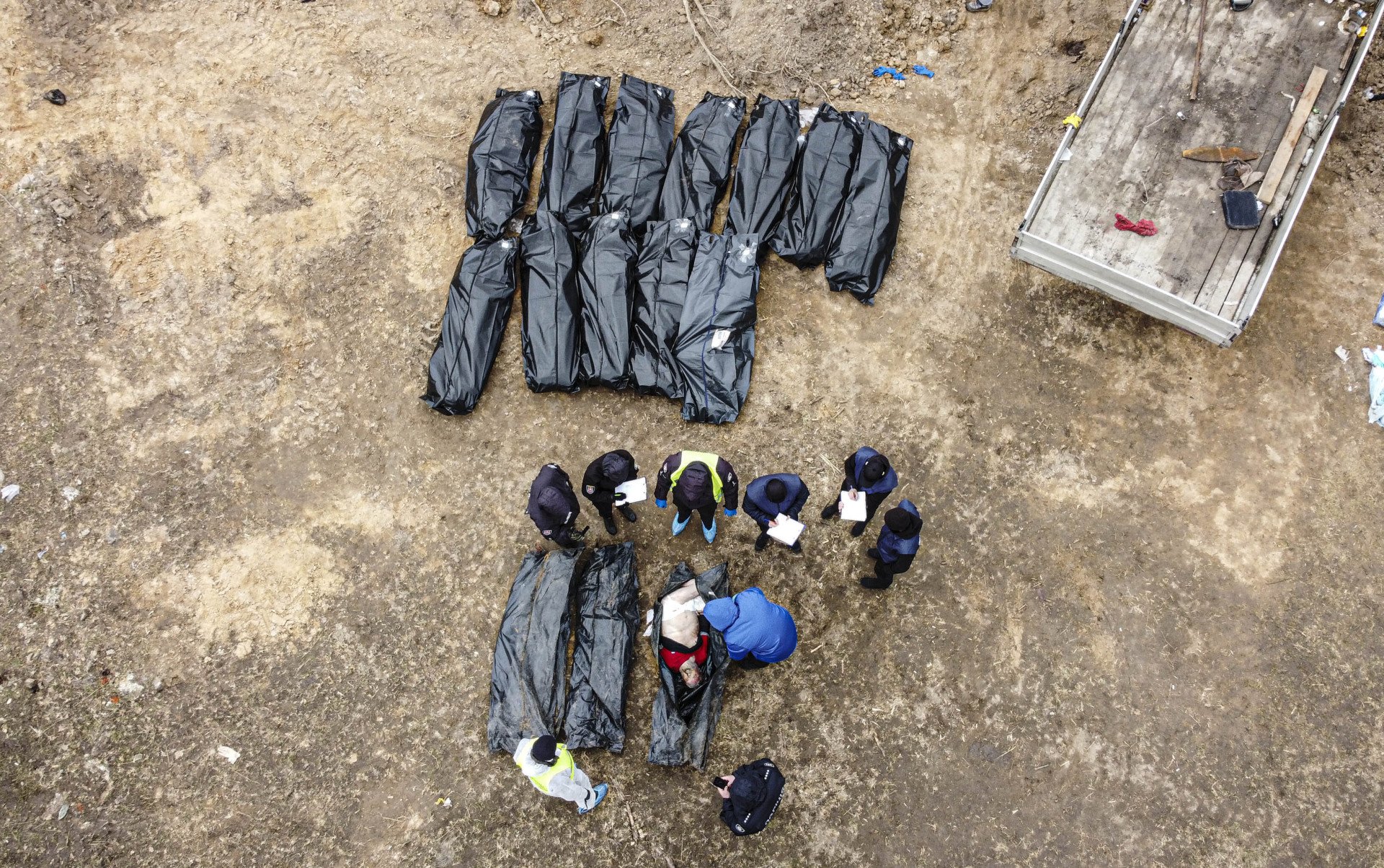 An aerial view of a civilian mass grave in Bucha