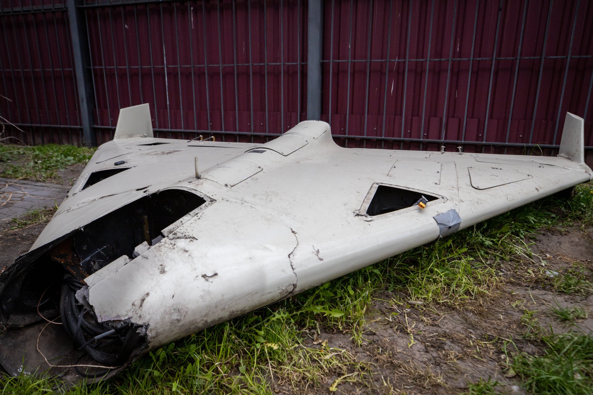 Remains of Shahed 136 at an exhibition showing remains of missiles and drones that Russia used to attack Kyiv on May 12, 2023 in Kyiv, Ukraine.