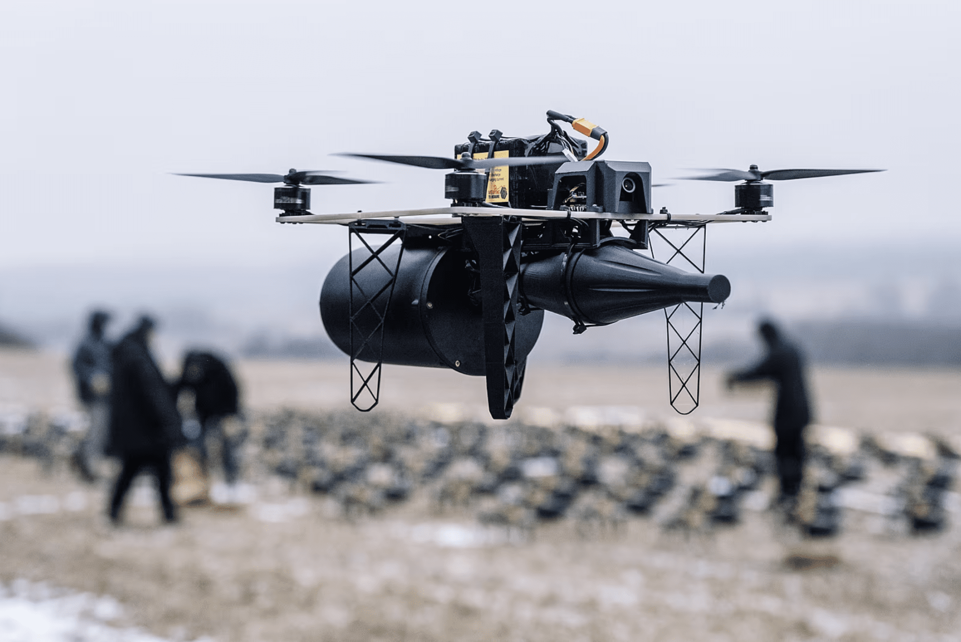 How Reverse-Engineered Russian Drones Ended Up Flying for Ukraine A fiber-optic FPV drone hovers during testing. (Photo: iDNES)