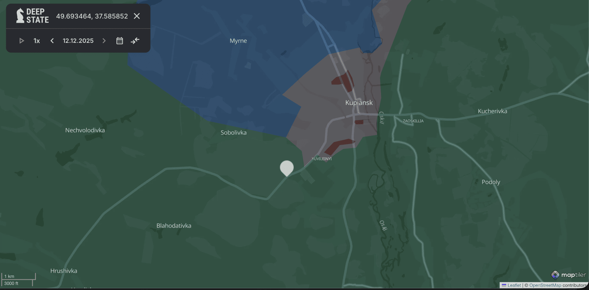 DeepStateMAP, showing the reported coordinates on the outskirts of Kupiansk, where Ukrainian President recorded today’s adress. (Source: DeepStateMAP) 