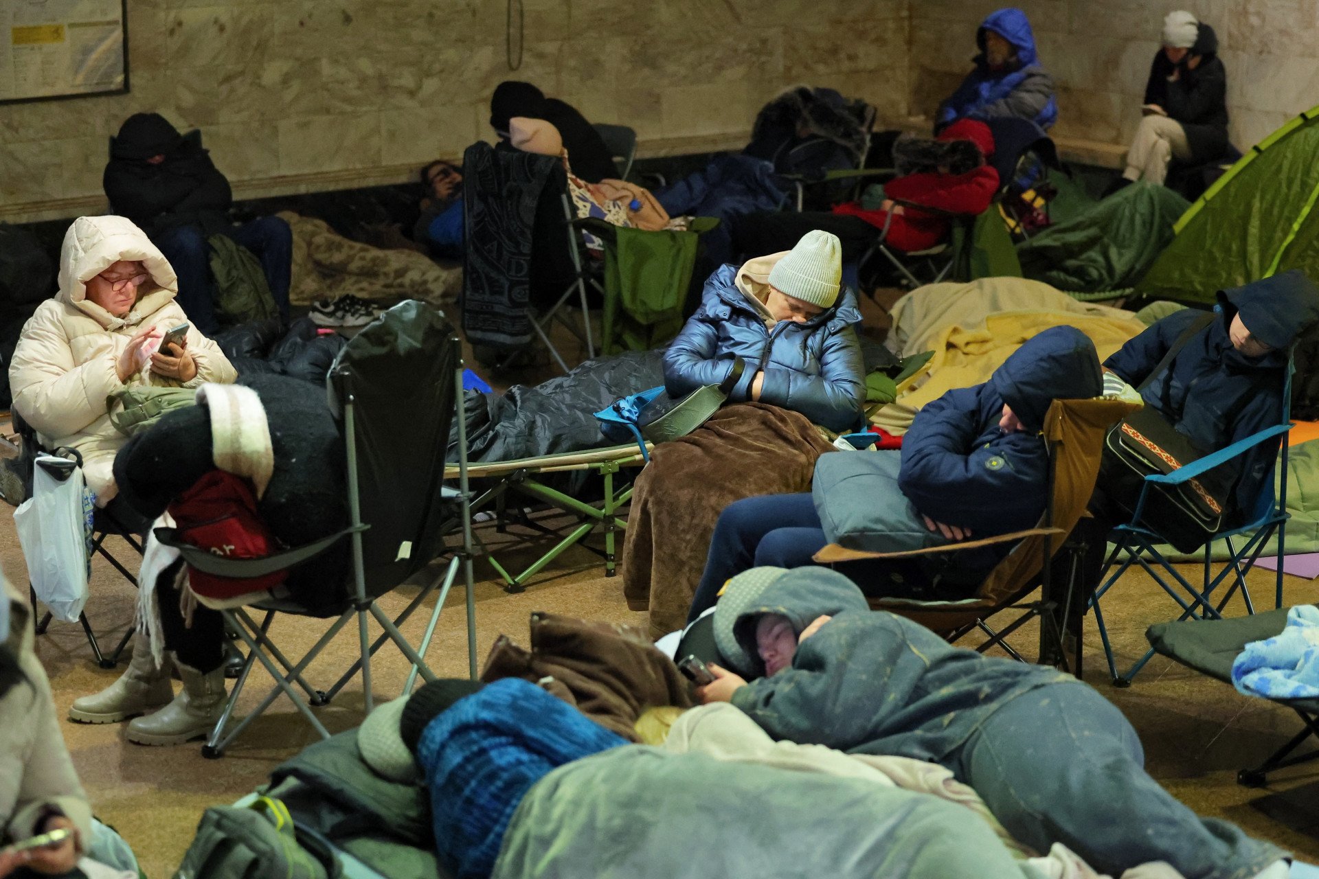 People shelter at the Dorohozhychi subway station in Kyiv, Ukraine, during a Russian drone and missile strike on February 3, 2026. (Photo: Yan Dobronosov/Global Images Ukraine/Getty Images)