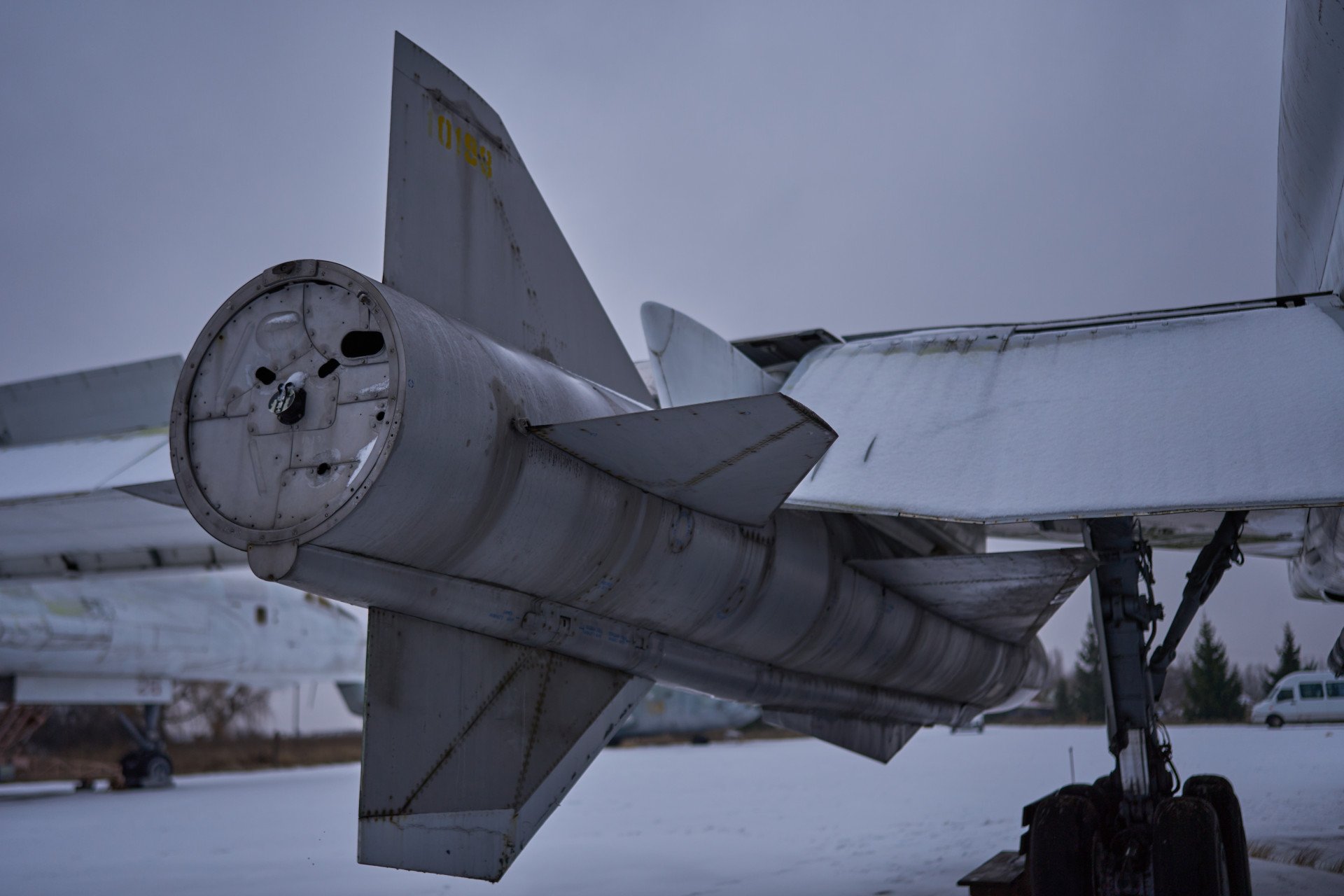 The rear section of a Tu-22M3 aircraft with a Kh-22 missile mounted on the heavy bomber. The rear section of a Tu-22M3 aircraft with a Kh-22 missile mounted on the heavy bomber.