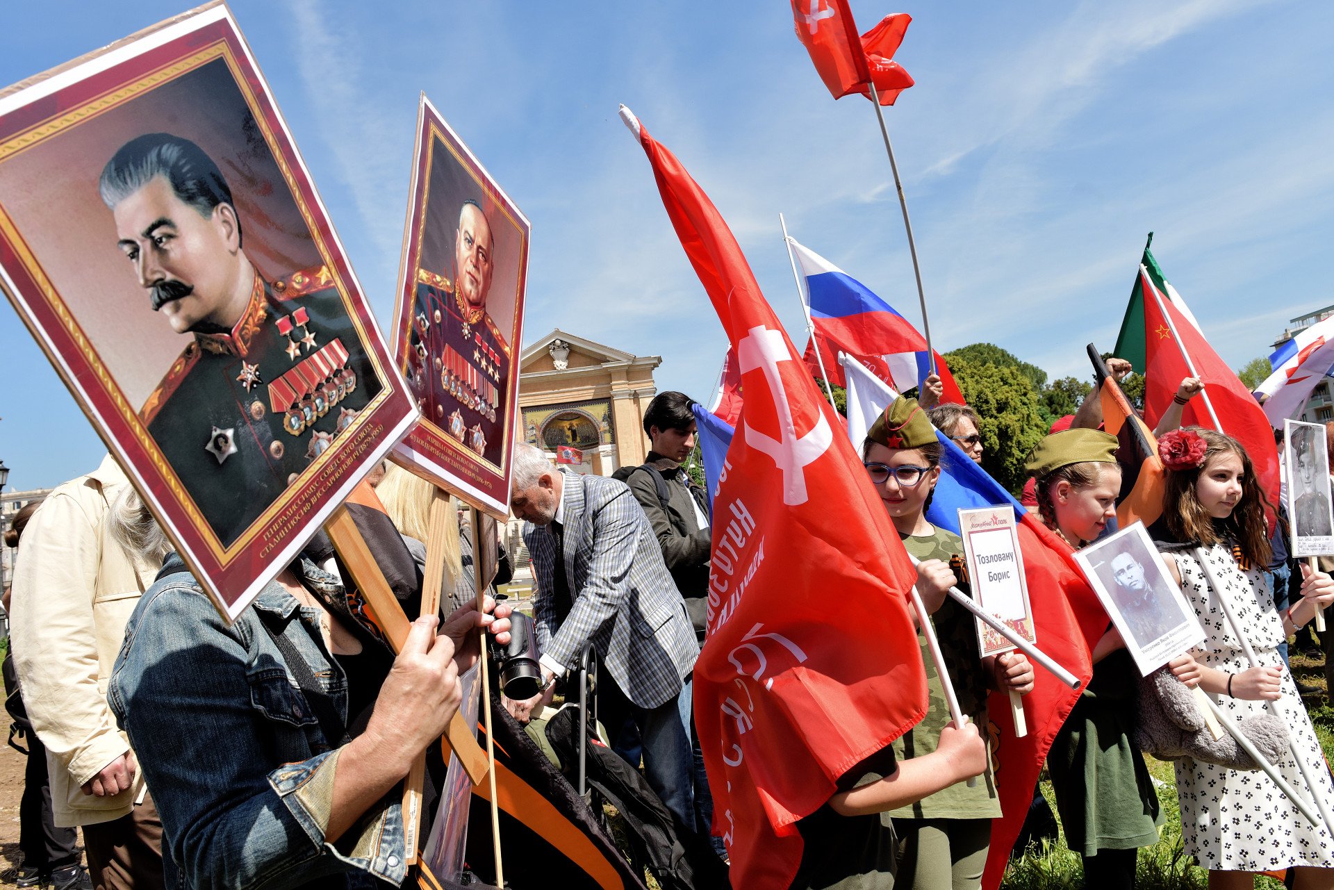 Russian women gather in Piazza San Giovanni to celebrate the Immortal Regiment, depicting Joseph Stalin, photos of the fighters, Soviet banners and St George’s ribbon on May 7, 2023 in Rome, Italy. (Source: Getty) Russian women gather in Piazza San Giovanni to celebrate the Immortal Regiment, depicting Joseph Stalin, photos of the fighters, Soviet banners and St George’s ribbon on May 7, 2023 in Rome, Italy. (Source: Getty)