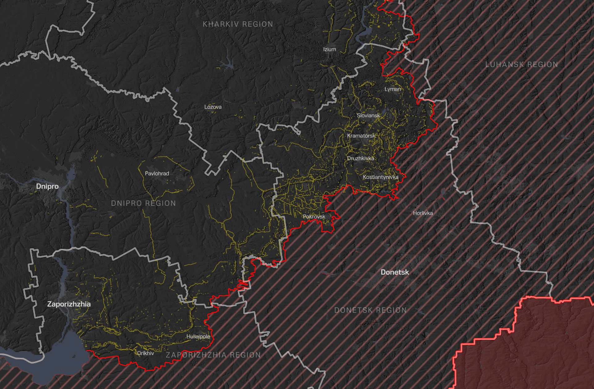 The yellow lines show Ukrainian defense fortifications across Donetsk Region. It includes the so-called “fortress belt” of layered defensive positions. These fortifications have been built over years and now protect central Ukraine from further Russian advances. Map: UNITED24 Media