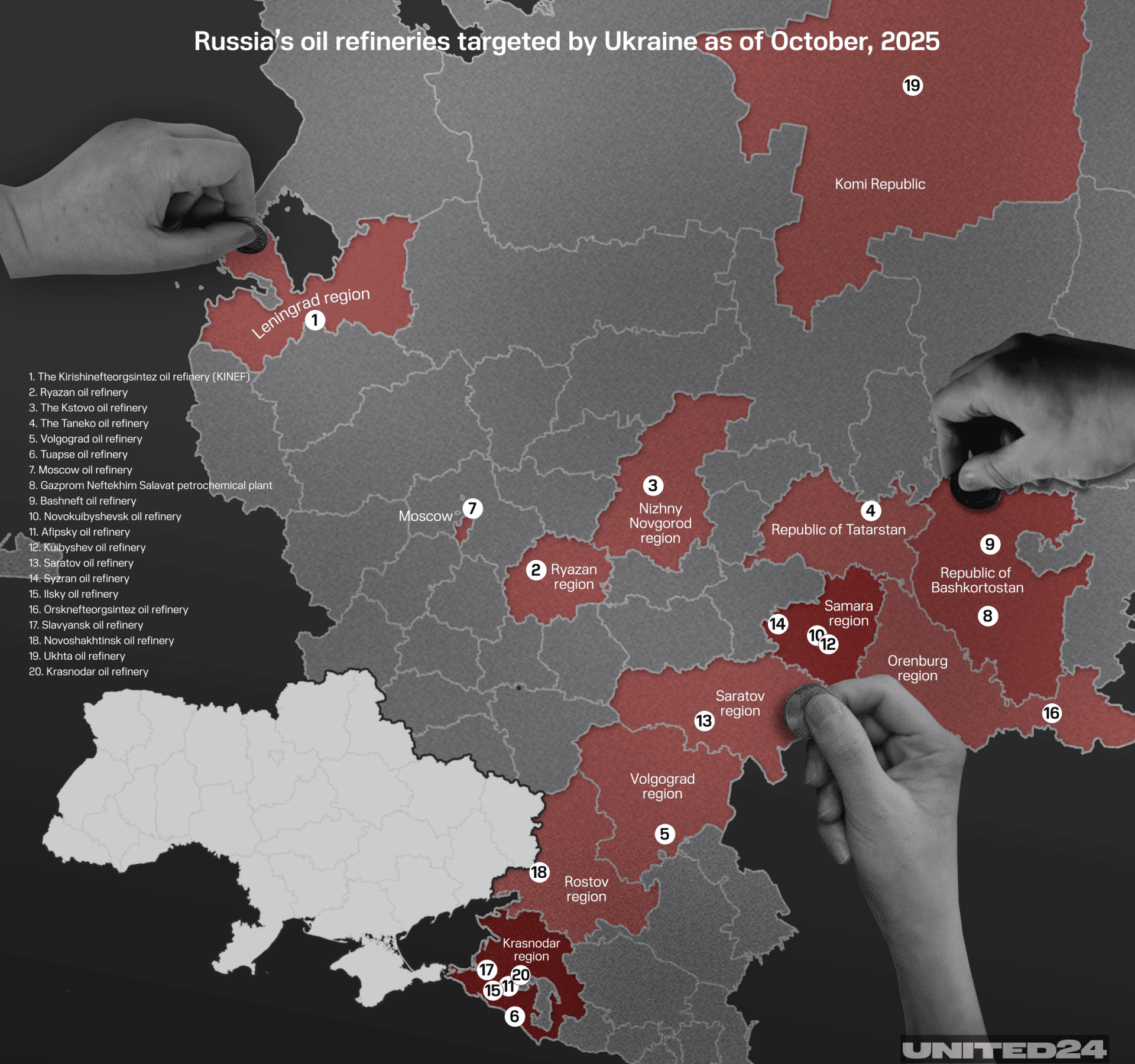 Un mapa muestra las refinerías de petróleo de Rusia que se confirmó que fueron atacadas por Ucrania hasta octubre de 2025. Fuente: UNITED24 Media. Un mapa muestra las refinerías de petróleo de Rusia que se confirmó que fueron atacadas por Ucrania hasta octubre de 2025. Fuente: UNITED24 Media.