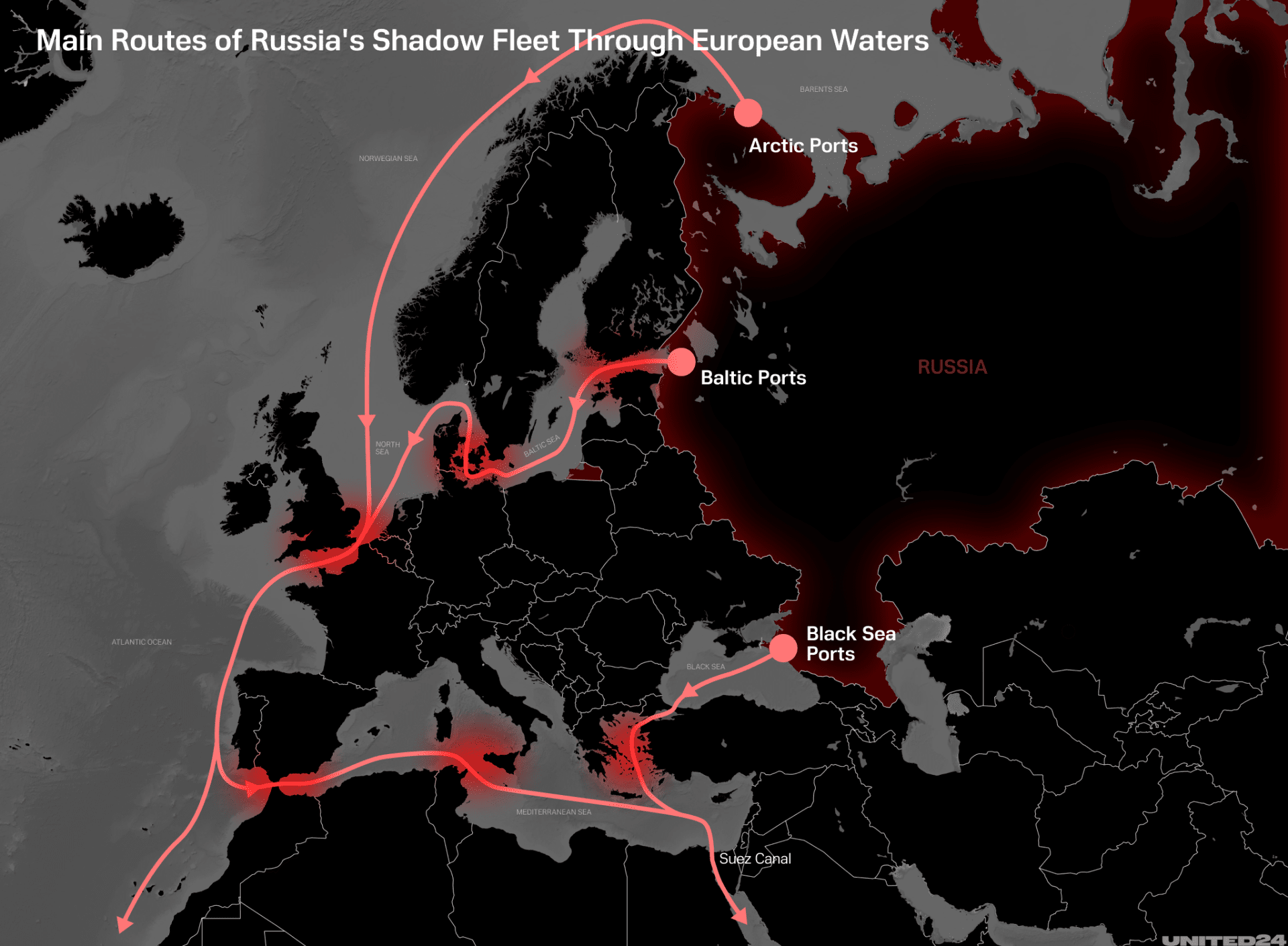 Key maritime routes where Russia’s shadow fleet is most vulnerable to European inspections and detentions. (Illustration: UNITED24 Media)