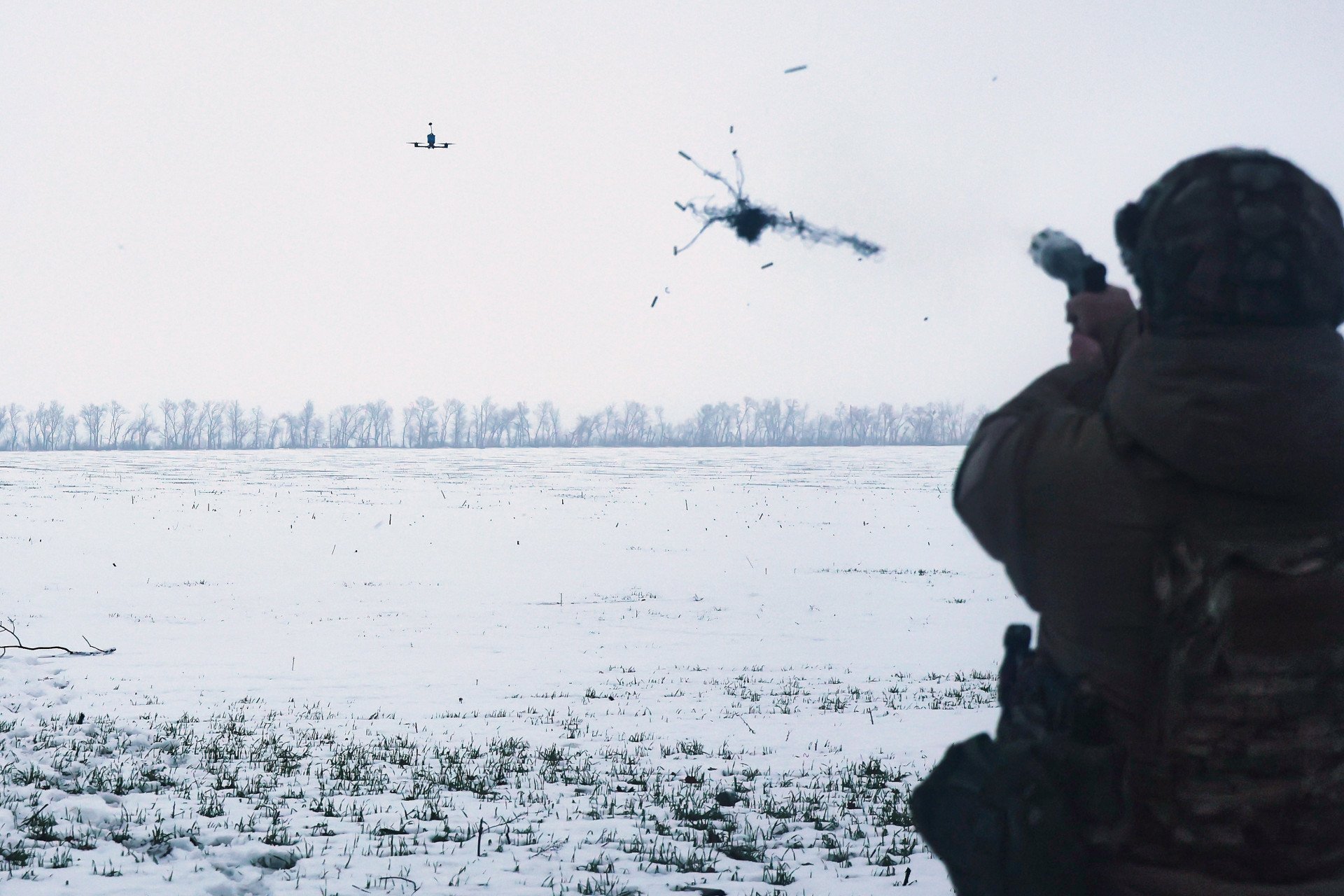 A soldier from the 13th Khartiia Brigade of Ukraine’s National Guard shoots a net gun at an FPV drone during tests in Ukraine on January 7, 2026. (Photo: Viacheslav Madiievskyi/Ukrinform/NurPhoto via Getty Images) Khartiia Brigade