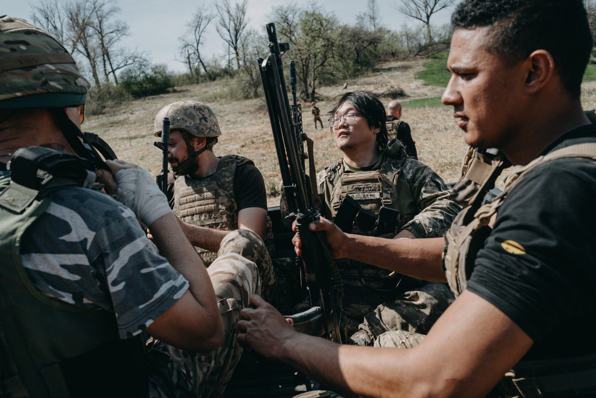 Soldiers attend the 2nd International Legion training as Russia-Ukraine war continues in Lyman, Donetsk region, Ukraine on April 08, 2024. (Photo by Wojciech Grzedzinski/Anadolu via Getty Images)