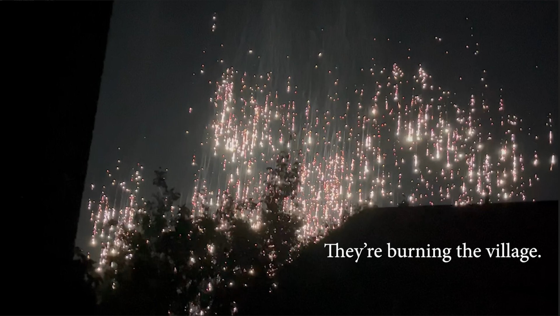A frame from Brace for Oblivion showing a Russian phosphorus attack. October 2022, Kherson region. (Photo: Xackery Irving)