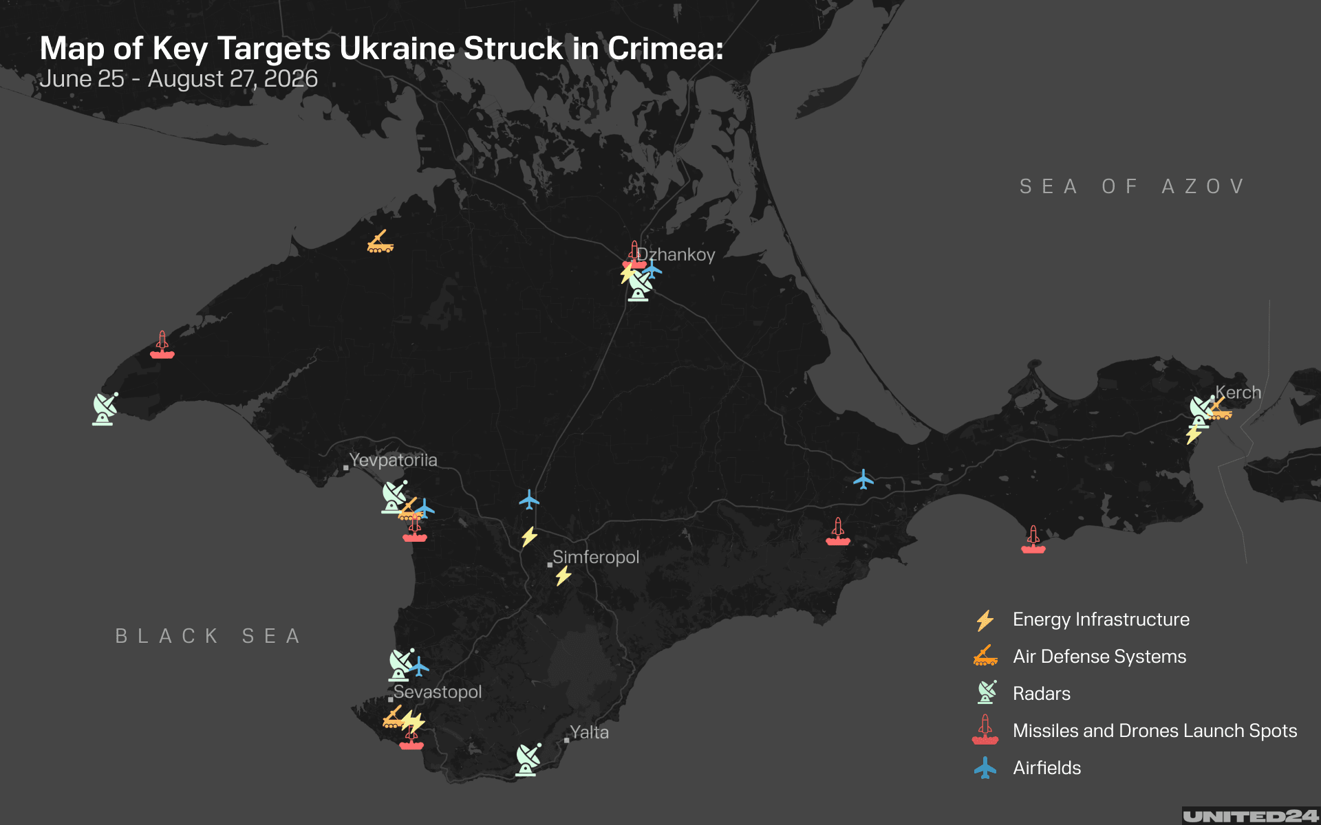 This map highlights some specific strikes conducted by Ukraine during the summer of 2026. (Illustration: UNITED24 Media)