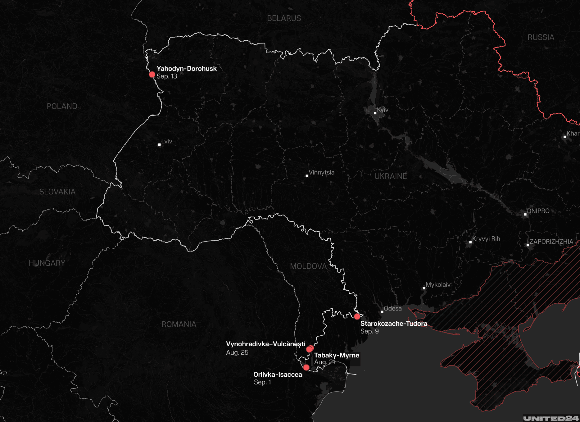 Russian strikes on and near Ukrainian border crossings with Poland, Moldova, and Romania between August 21 and September 13, 2026. (Map: UNITED24 Media)