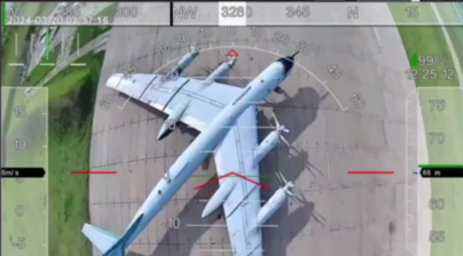 Russian Tu-95MS strategic bomber moments before a Ukrainian FPV-drone strike, 2025. Russian Tu-95MS strategic bomber moments before a Ukrainian FPV-drone strike, 2025.