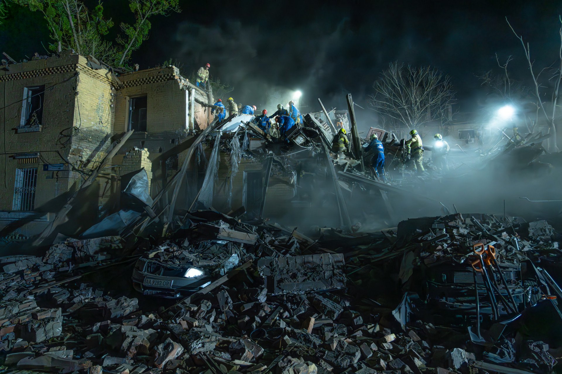 Hands in dust, hearts in sync: rescuers and volunteers clear debris from a shattered Kyiv apartment building struck by a Russian missile on April 24, 2025, in Kyiv, Ukraine.  (Photo: Anton Shtuka @shtukaanton)