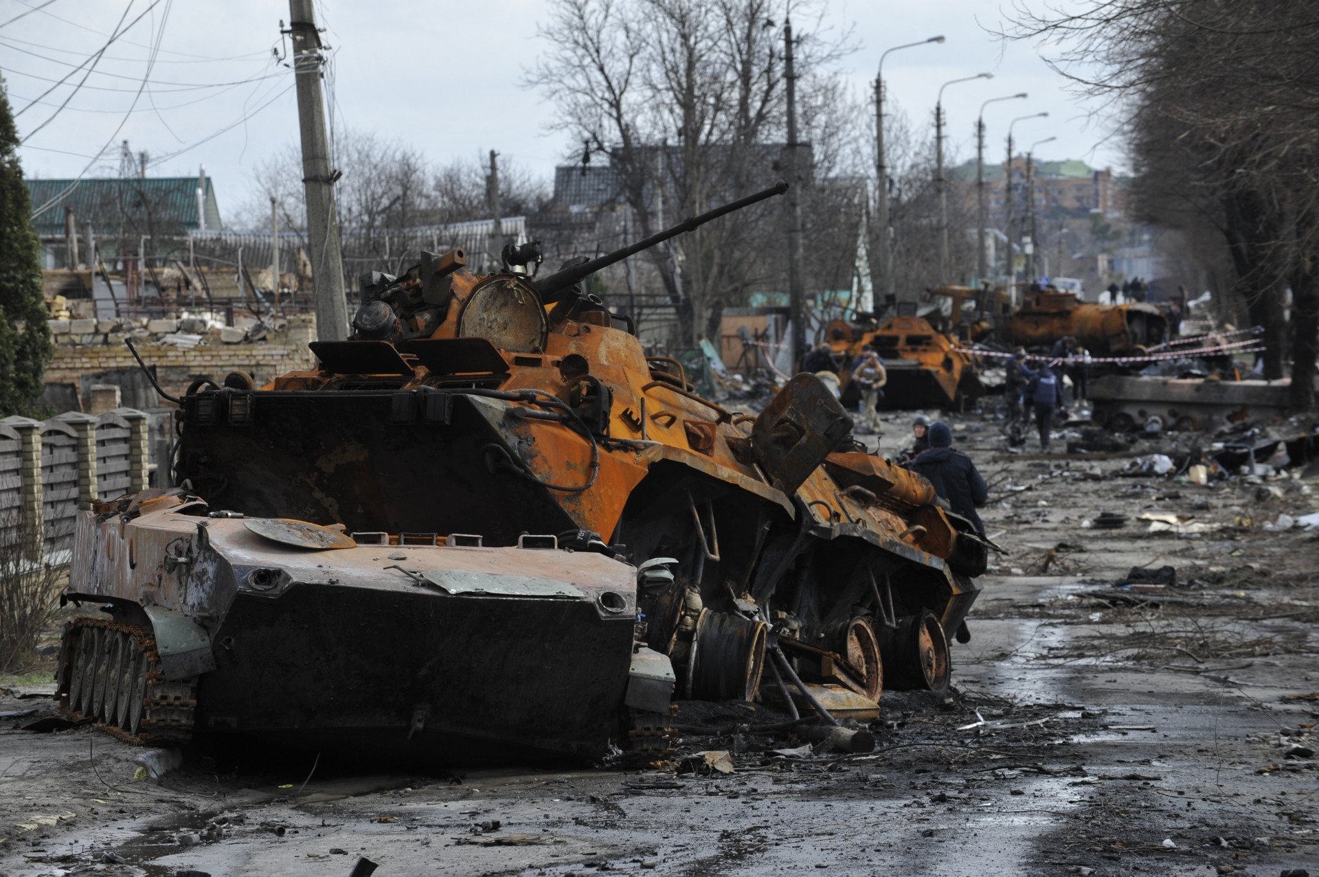 Destroyed military equipment of the Russian army in the city of Bucha.