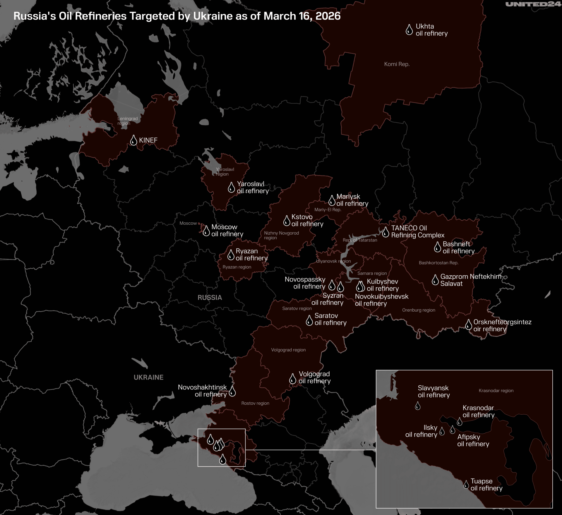 A map showcases Russia’s oil refineries that were confirmed to have been hit by Ukraine as of March 16, 2026. Source: UNITED24 Media.