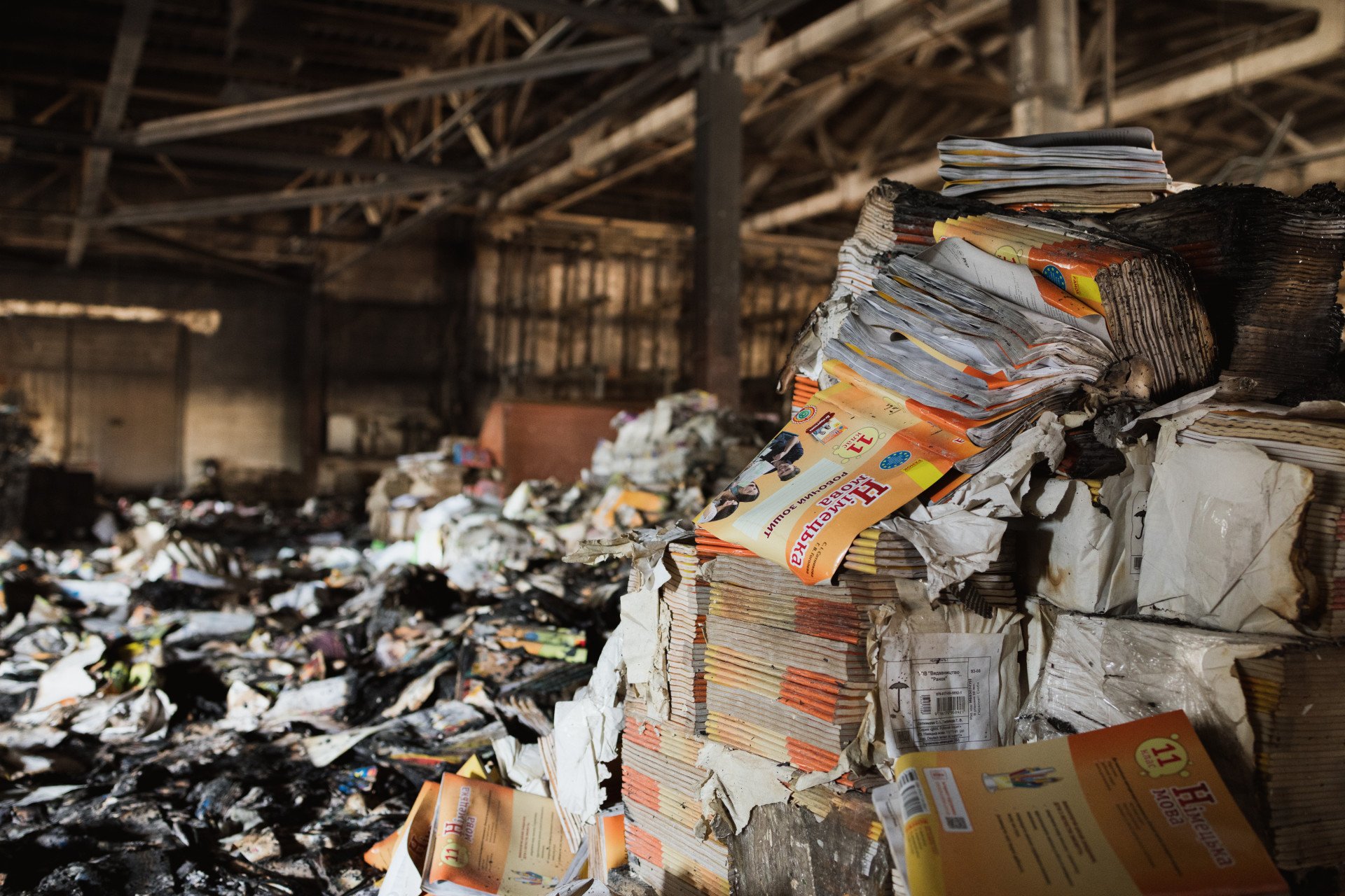 Burned German-language textbooks at RNK–Ranok Publishing Corporation’s automated logistics center following the Russian attack on August 1, 2026. (Source: RNK-Ranok Publishing Corporation Press Center) Burned German-language textbooks at RNK–Ranok Publishing Corporation’s automated logistics center following the Russian attack on August 1, 2026. (Source: RNK-Ranok Publishing Corporation Press Center)