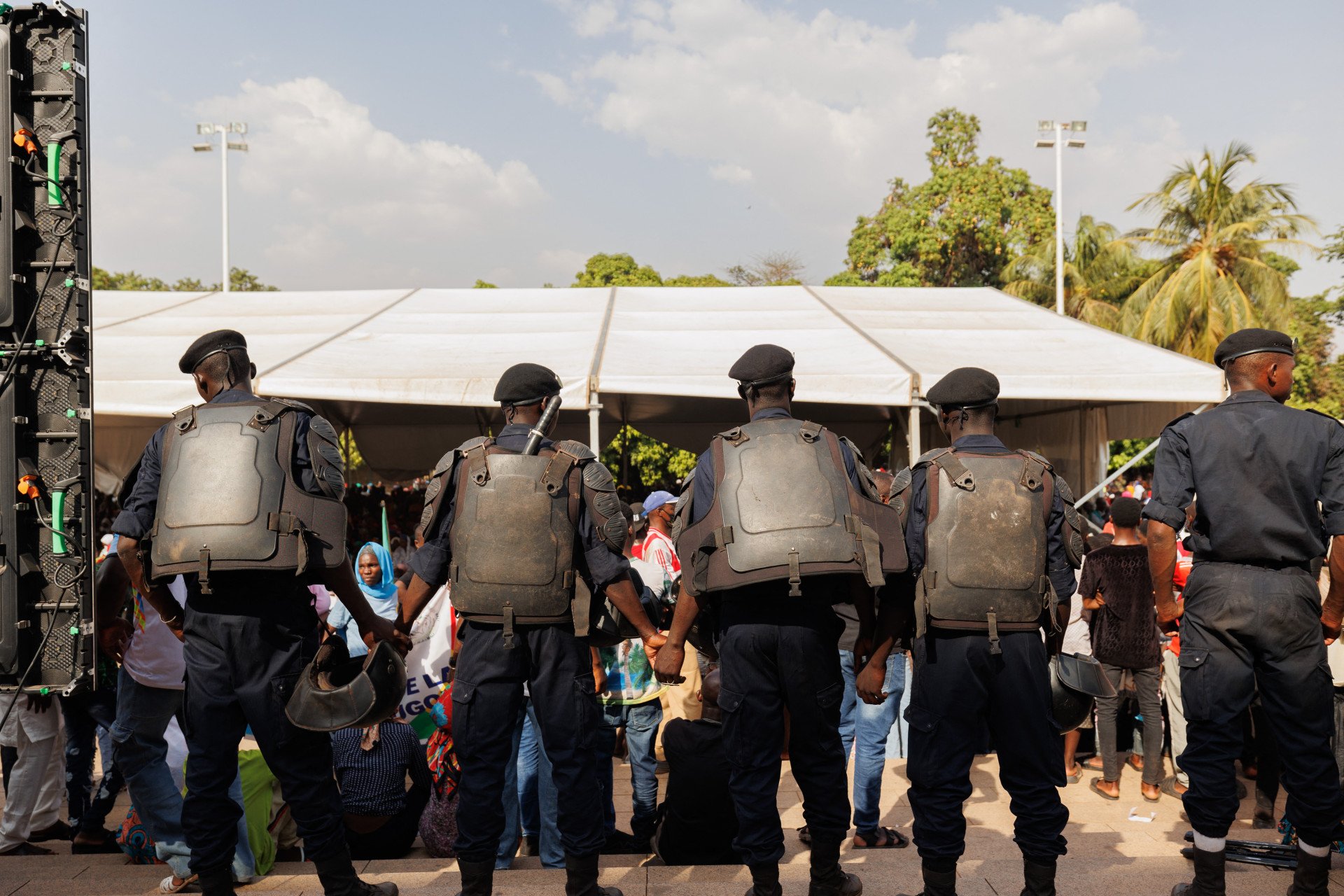 Malian Police officers stand guard as attendees gather at the Bamako International Conference Center in Bamako on April 12, 2025 to respond on a call of Malian youth organizations to protest what they consider "aggression by Algeria," accusing Mali of shooting down a drone belonging to its army on Malian territory. (Photo by AFP via Getty Images) Malian Police officers stand guard as attendees gather at the Bamako International Conference Center in Bamako on April 12, 2025 to respond on a call of Malian youth organizations to protest what they consider "aggression by Algeria," accusing Mali of shooting down a drone belonging to its army on Malian territory. (Photo by AFP via Getty Images)