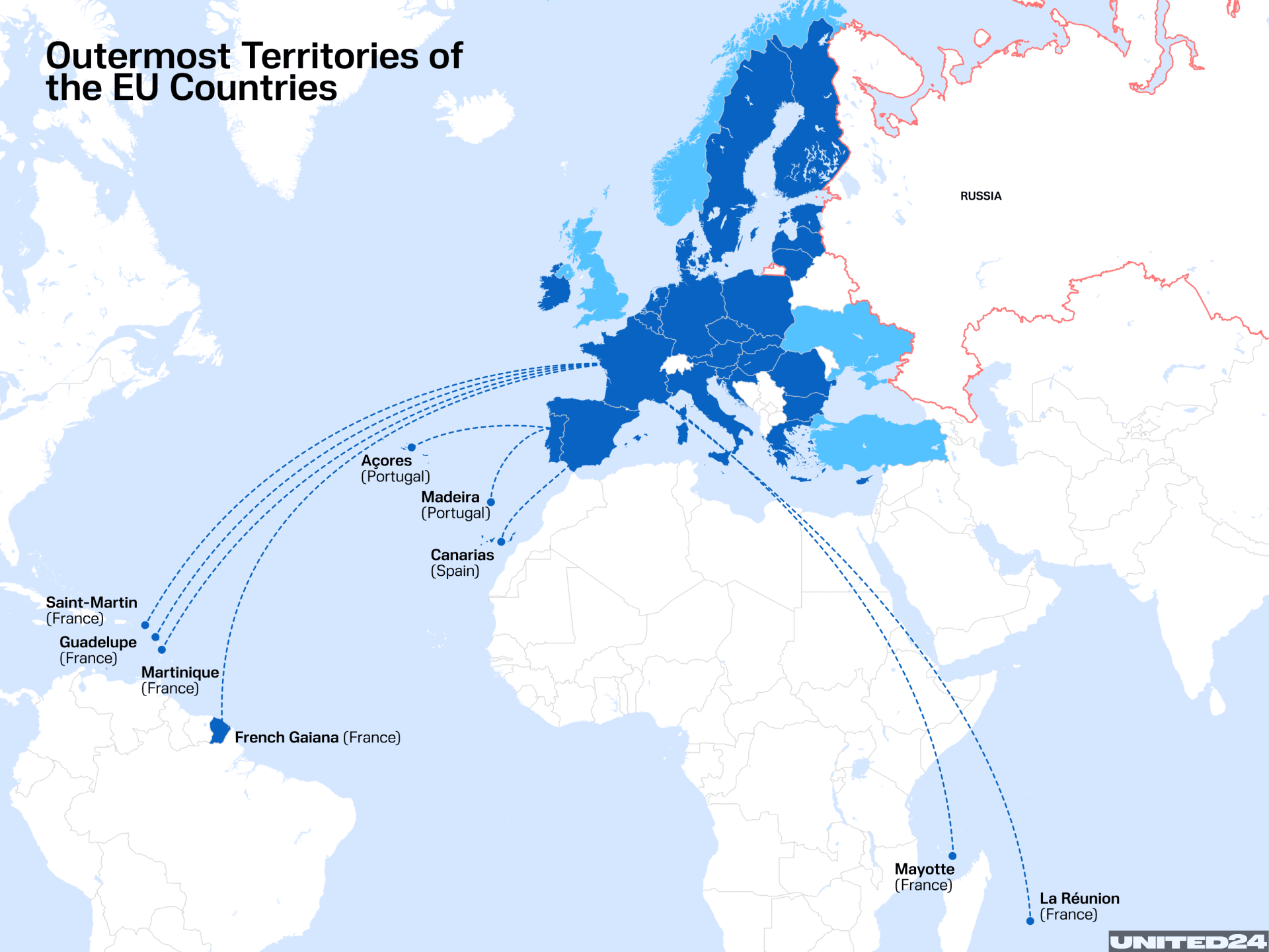“Outermost territories” is the official term for islands and territories located hundreds of kilometers from the continent but forming part of the EU space. (Illustration: UNITED24 Media) “Outermost territories” is the official term for islands and territories located hundreds of kilometers from the continent but forming part of the EU space. (Illustration: UNITED24 Media)