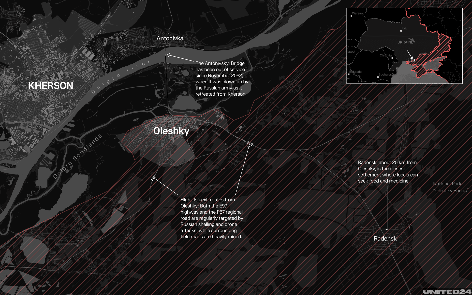 Map of Oleshky and surrounding areas showing the humanitarian situation, high-risk exit routes, and limited access to food and medicine in the Russian-occupied part of Kherson Region. (Illustration: UNITED24 Media) Map of Oleshky and surrounding areas showing the humanitarian situation, high-risk exit routes, and limited access to food and medicine in the Russian-occupied part of Kherson Region. (Illustration: UNITED24 Media)