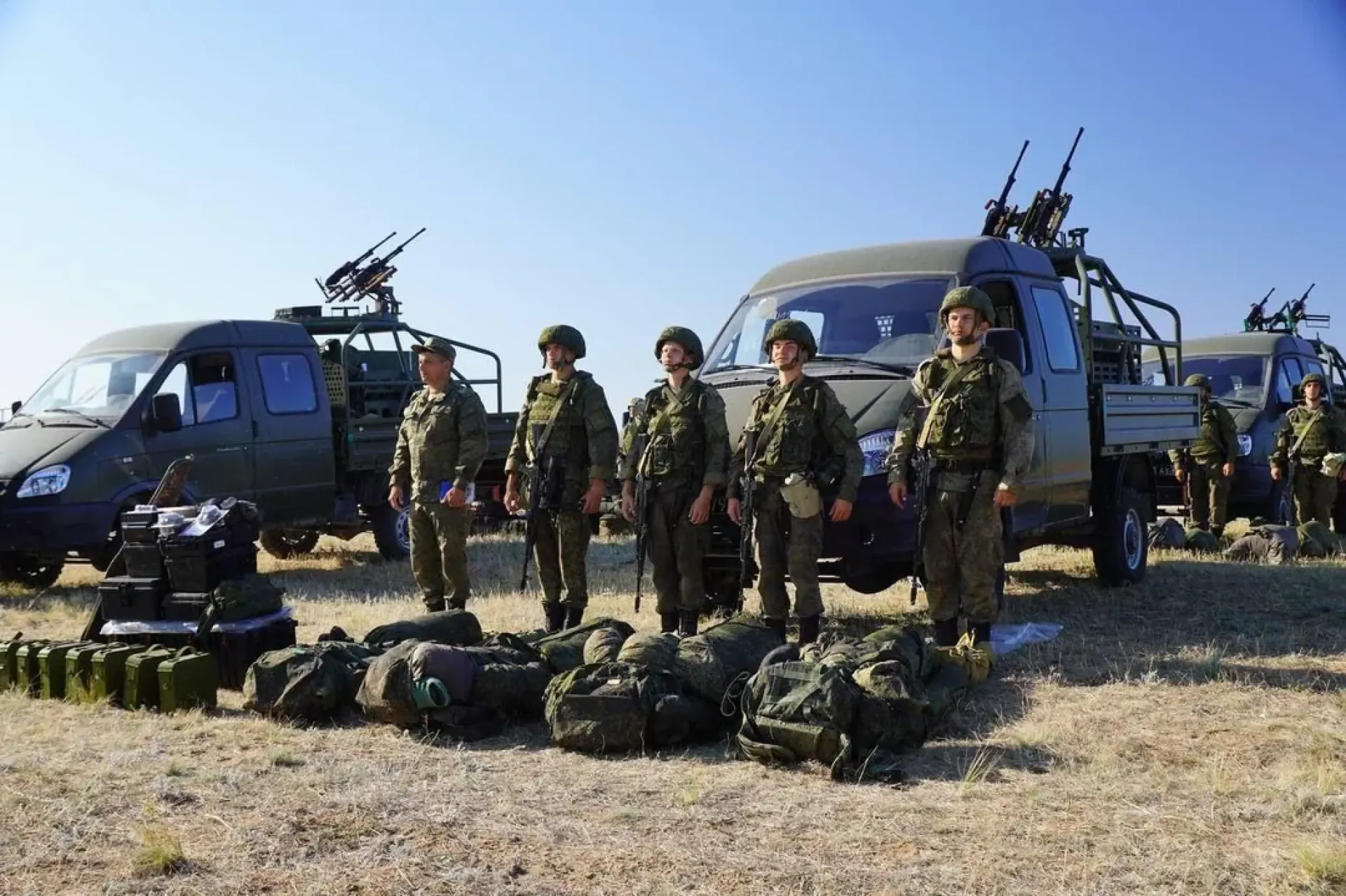 Russian mobile air defense units pose after completing their training, before being sent to guard oil refineries, September 2025.