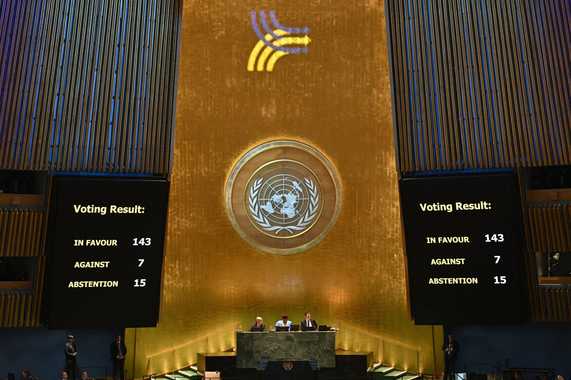 Countries vote on a motion related to the "Pact for the Future" resolution during the "Summit of the Future" on the sidelines of the UN General Assembly at the United Nations Headquarters in New York, September 22, 2024.