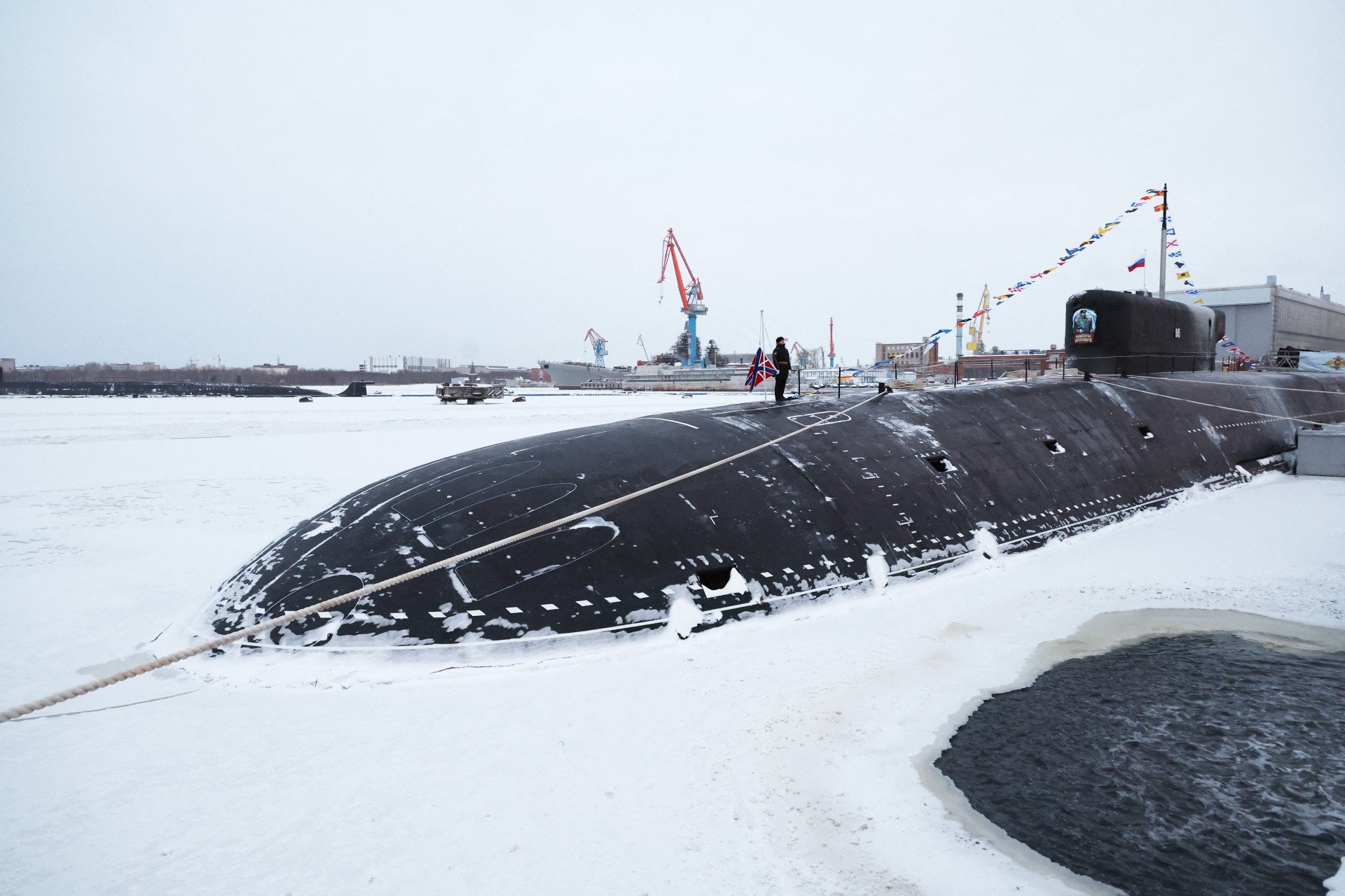 Illustrative image. Russian nuclear submarine Imperator Aleksandr III during a flag-rising ceremony led by Russian leader Vladimir Putin at the Arctic port of Severodvinsk on December 11, 2023. (Source: Getty Images)