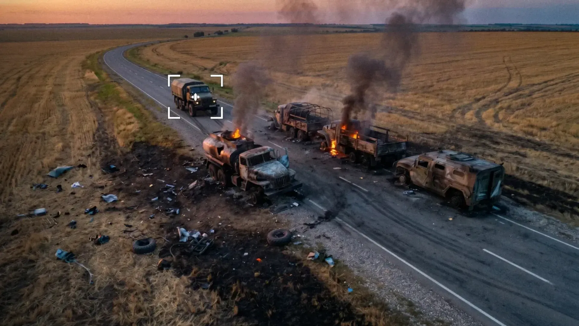 Illustrative image. Ukrainian drones striking Russian supply vehicles. Illustrative image. Ukrainian drones striking Russian supply vehicles.
