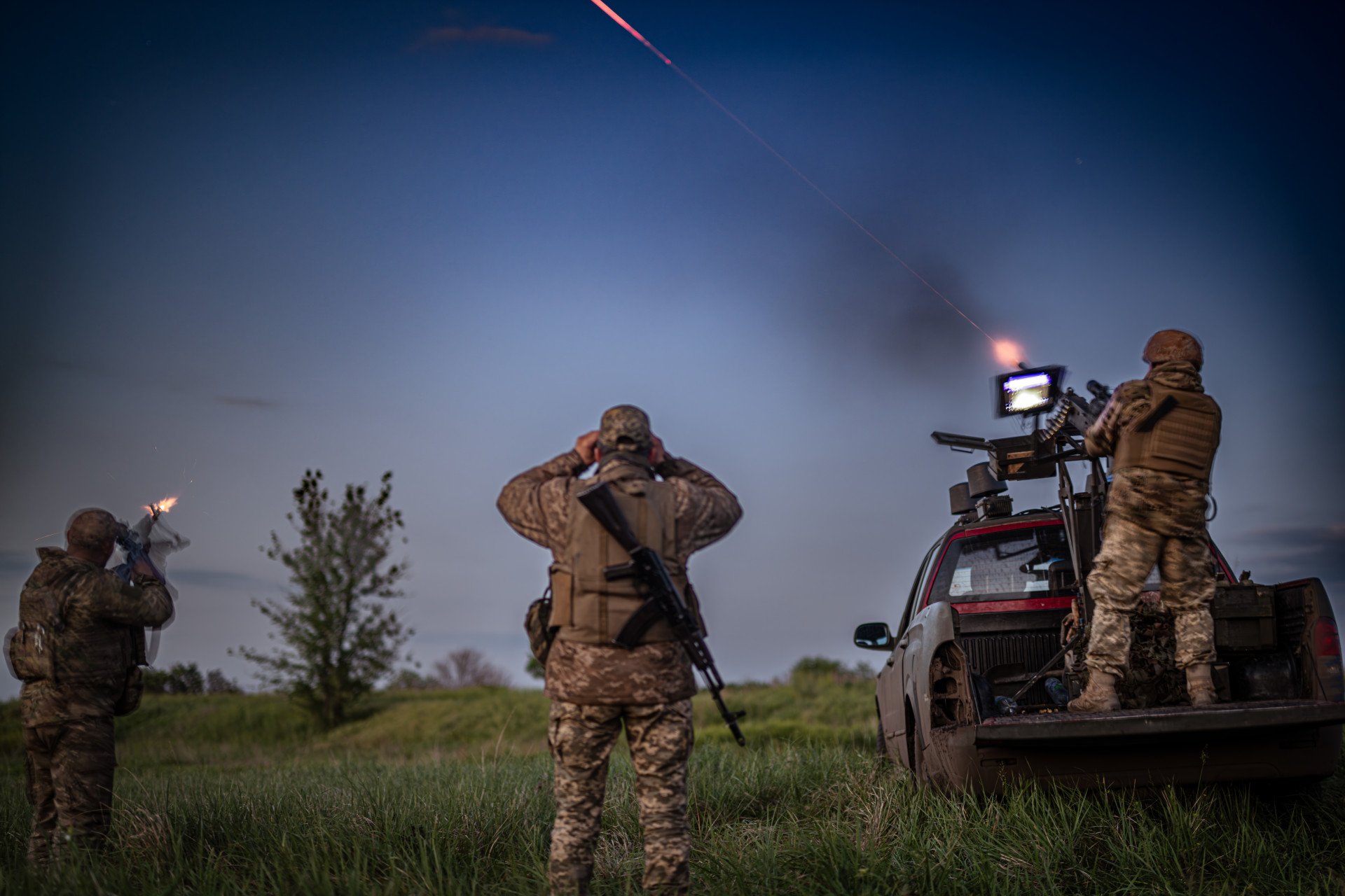 Ukrainian servicemen from the 23rd Separate Mechanized Brigade operate a pickup truck-mounted M2 Browning machine gun with advanced sighting systems in Donetsk Oblast, Ukraine, on May 21, 2025. (Source: Getty Images) Ukrainian servicemen from the 23rd Separate Mechanized Brigade operate a pickup truck-mounted M2 Browning machine gun with advanced sighting systems in Donetsk Oblast, Ukraine, on May 21, 2025. (Source: Getty Images)