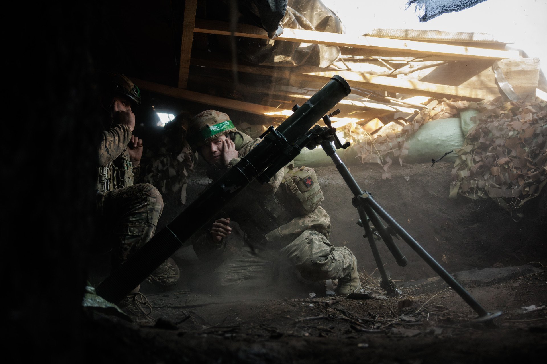 Ukrainian mortarmen of Separate Presidential Brigade "Hetman Bohdan Khmelnytskyi" fire with mortar on Russian position on February 14, 2025 in Toretsk, Ukraine. (Photo: Serhii Mykhalchuk via Getty Images)