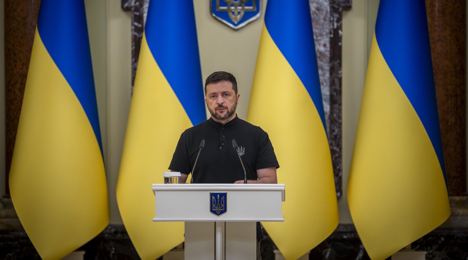 President of Ukraine Volodymyr Zelenskyy gives a speech on August 29, 2025, in Kyiv, Ukraine. (Source: Getty Images)