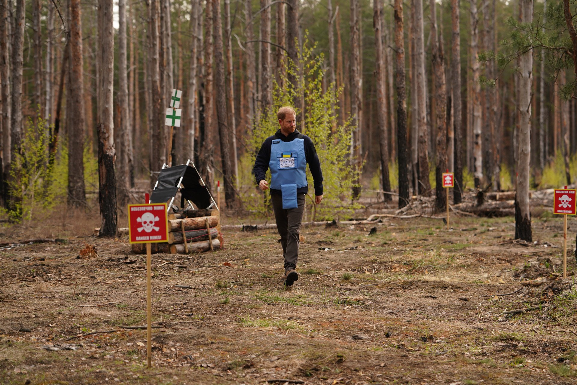Prince Harry walks through an ordnance contaminated forest in Myrotske, Kyiv region, Ukraine, April 24, 2026. Photo by Valentyn Kuzan/The HALO Trust