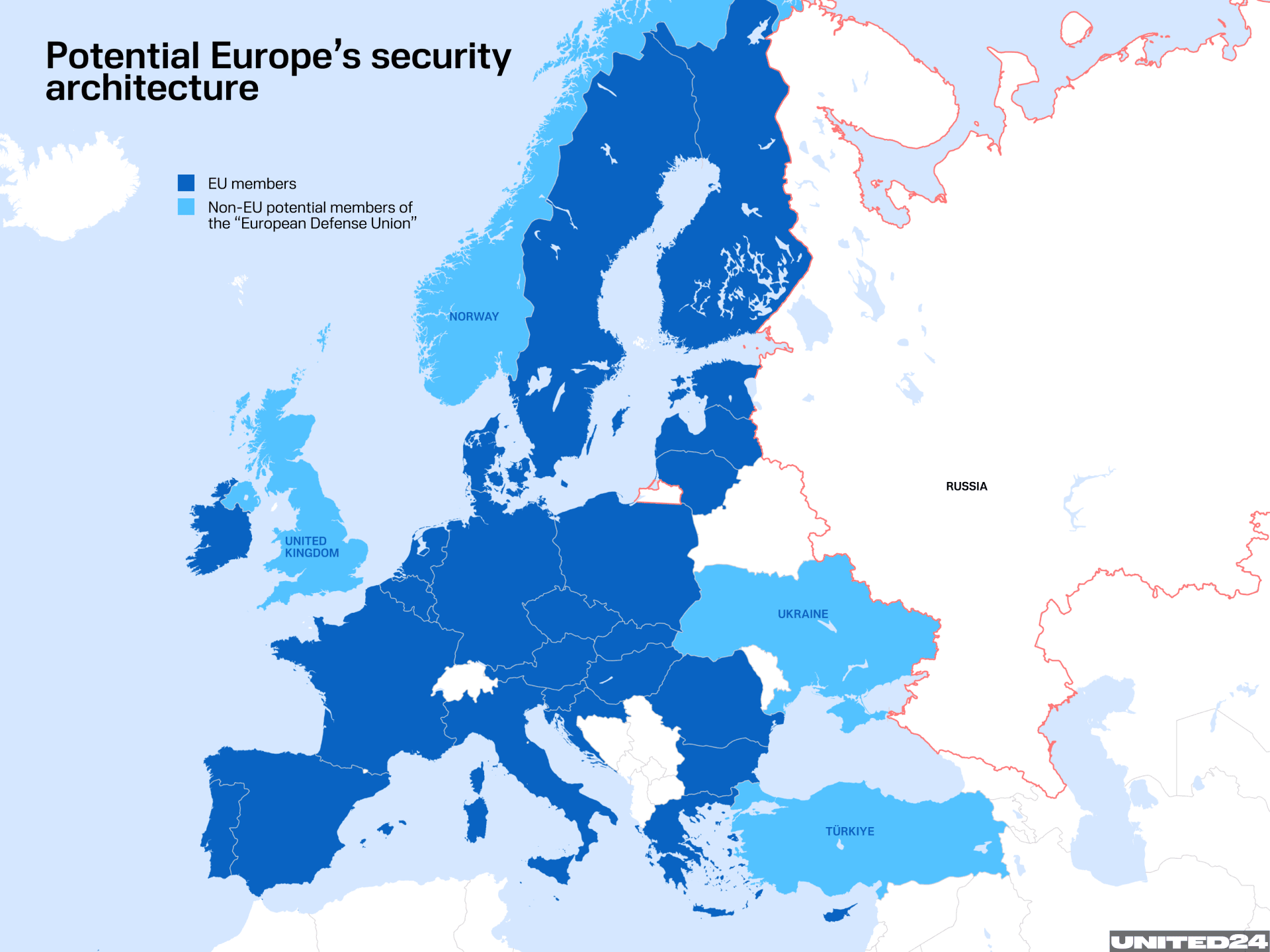 Map of the potential Europe’s security architecture. (Illustration: UNITED24 Media) Map of the potential Europe’s security architecture. (Illustration: UNITED24 Media)
