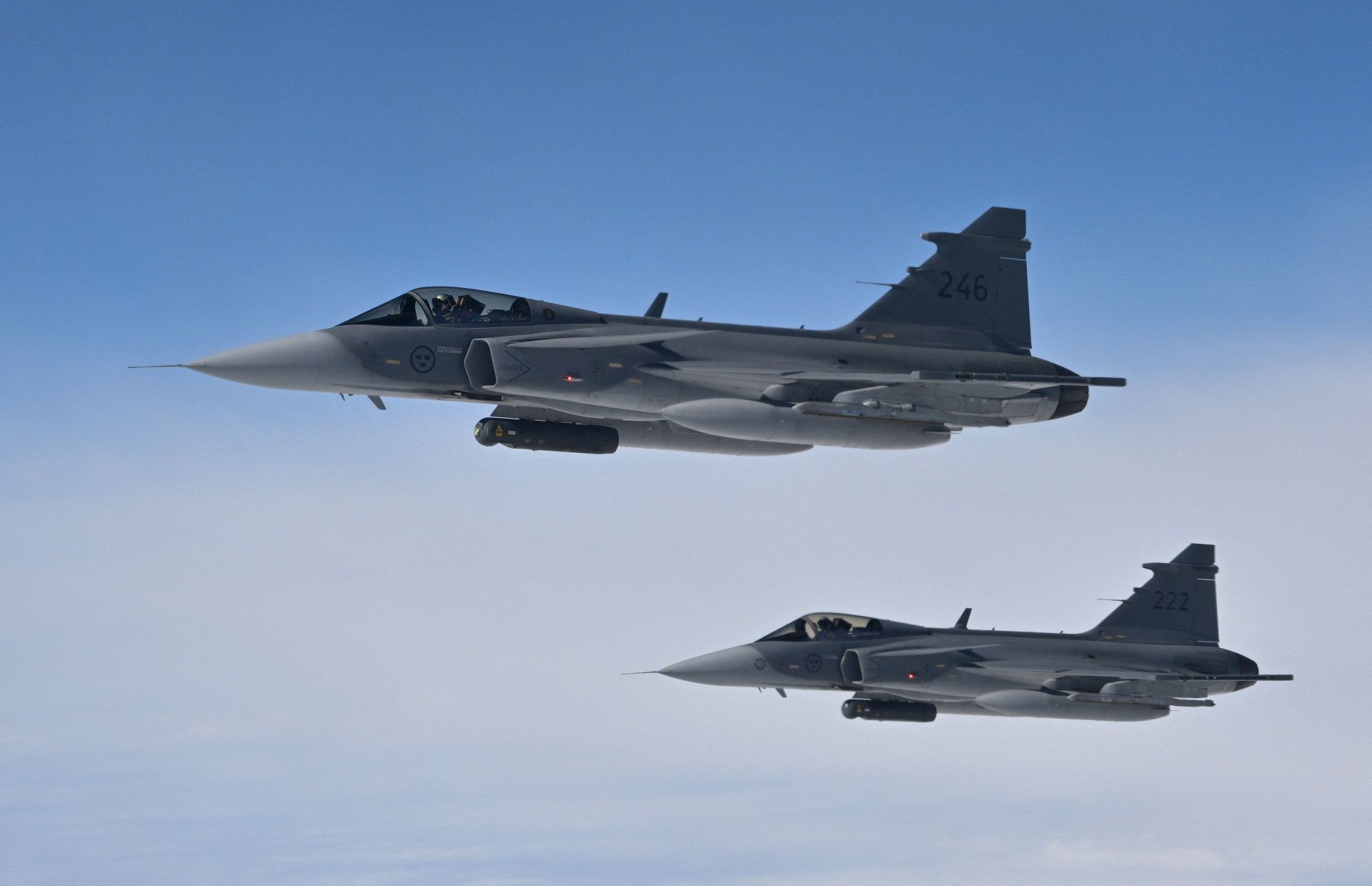 Swedish Air Force Saab JAS 39 Gripen jetfighters take part in the NATO exercise as part of the NATO Air Policing mission