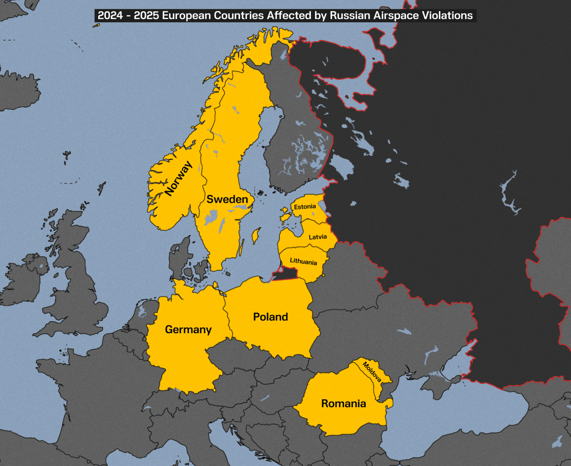 Mapa de los países europeos afectados por las violaciones del espacio aéreo ruso en 2024-2025. Fuente: UNITED24 Media.