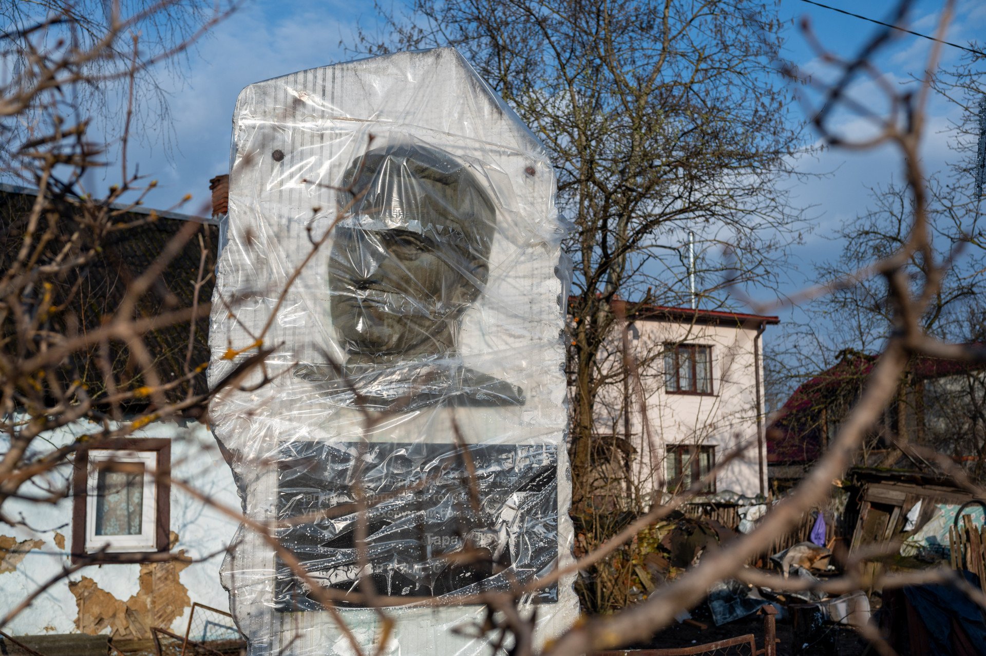 The memorial plaque of the commander-in-chief is covered with a protective film in the yard of the destroyed museum of Roman Shukhevych that destroyed by a Russian attack on March 5, 2024, Lviv, Ukraine. Photo by Stanislav Ivanov/Global Images Ukraine via Getty Images