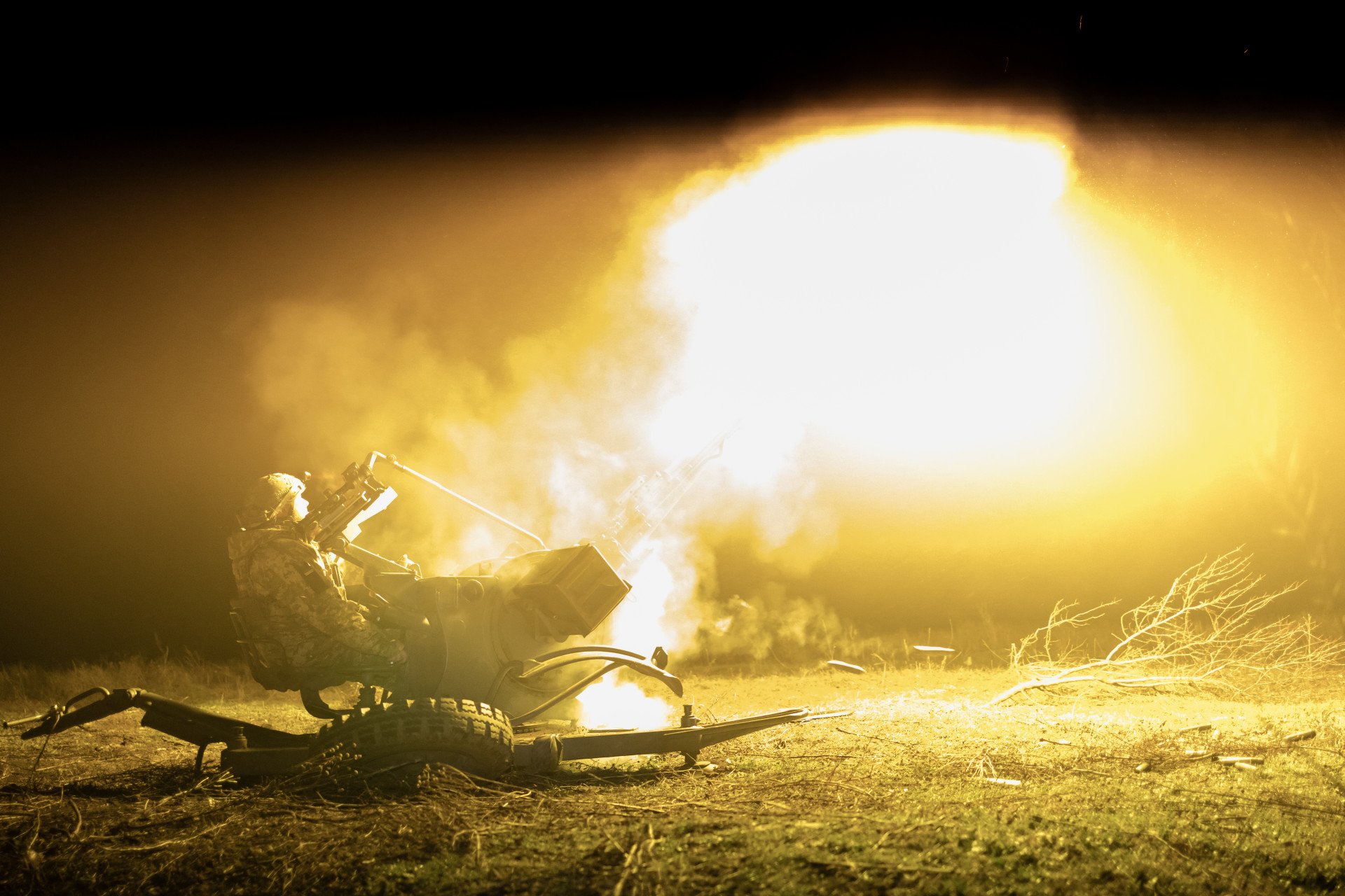 JAN 22, 2025 — The soldiers of the 40th Separate Coastal Defense Brigade practice hitting air targets with ZU-23-2 during a night duty in southern Ukraine. Photo by Ivan Antypenko for Suspilne News.