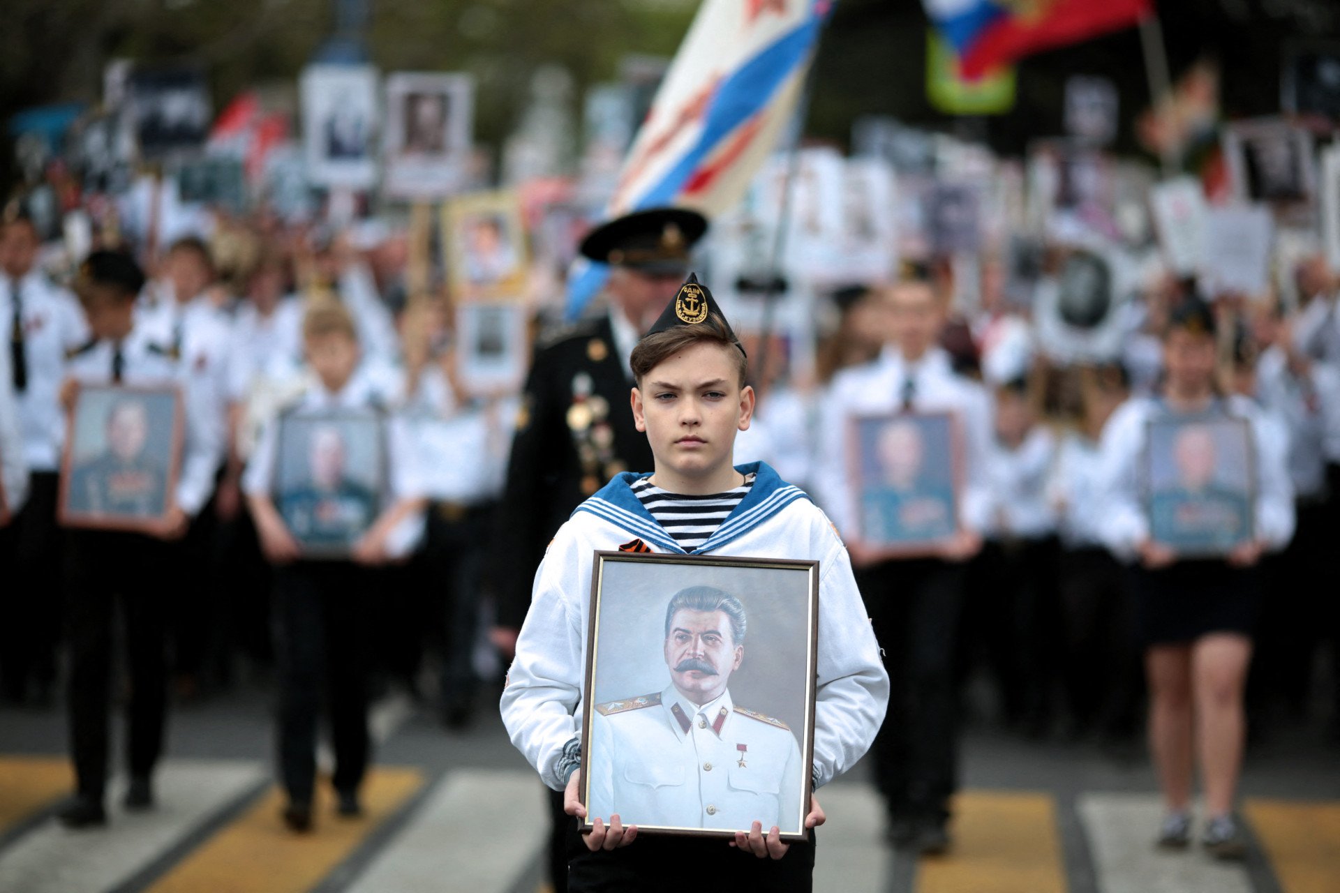 People carry portraits of the Soviet leader Joseph Stalin during the Immortal Regiment march in Russian-occupied Sevastopol, Crimea, on May 9, 2017. (Source: Getty Images) People carry portraits of the Soviet leader Joseph Stalin during the Immortal Regiment march in Russian-occupied Sevastopol, Crimea, on May 9, 2017. (Source: Getty Images)