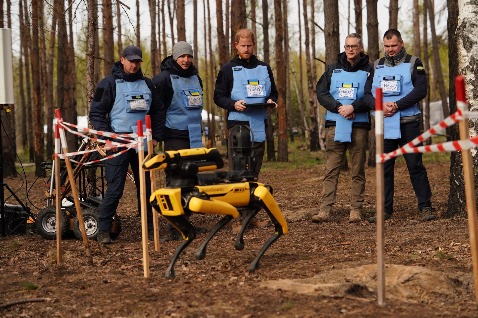 Demining technicians show Prince Harry how to operate a Spot robot, used in clearing lands of remnants of war, Myrotske, Kyiv region, Ukraine, April 24, 2026. Photo by Valentyn Kuzan/The HALO Trust