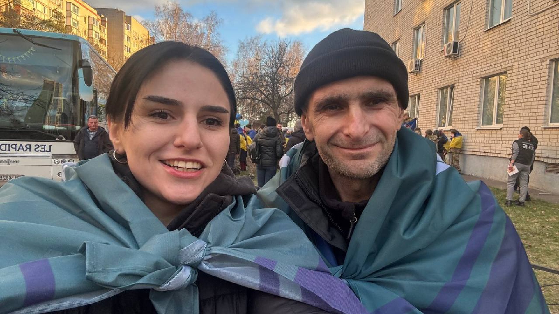 Anastasia Savova with her father, Oleksandr Savov, on the day of the exchange, March 19, 2025, undisclosed location, Ukraine. Family archive Anastasia Savova with her father, Oleksandr Savov, on the day of the exchange, March 19, 2025, undisclosed location, Ukraine. Family archive