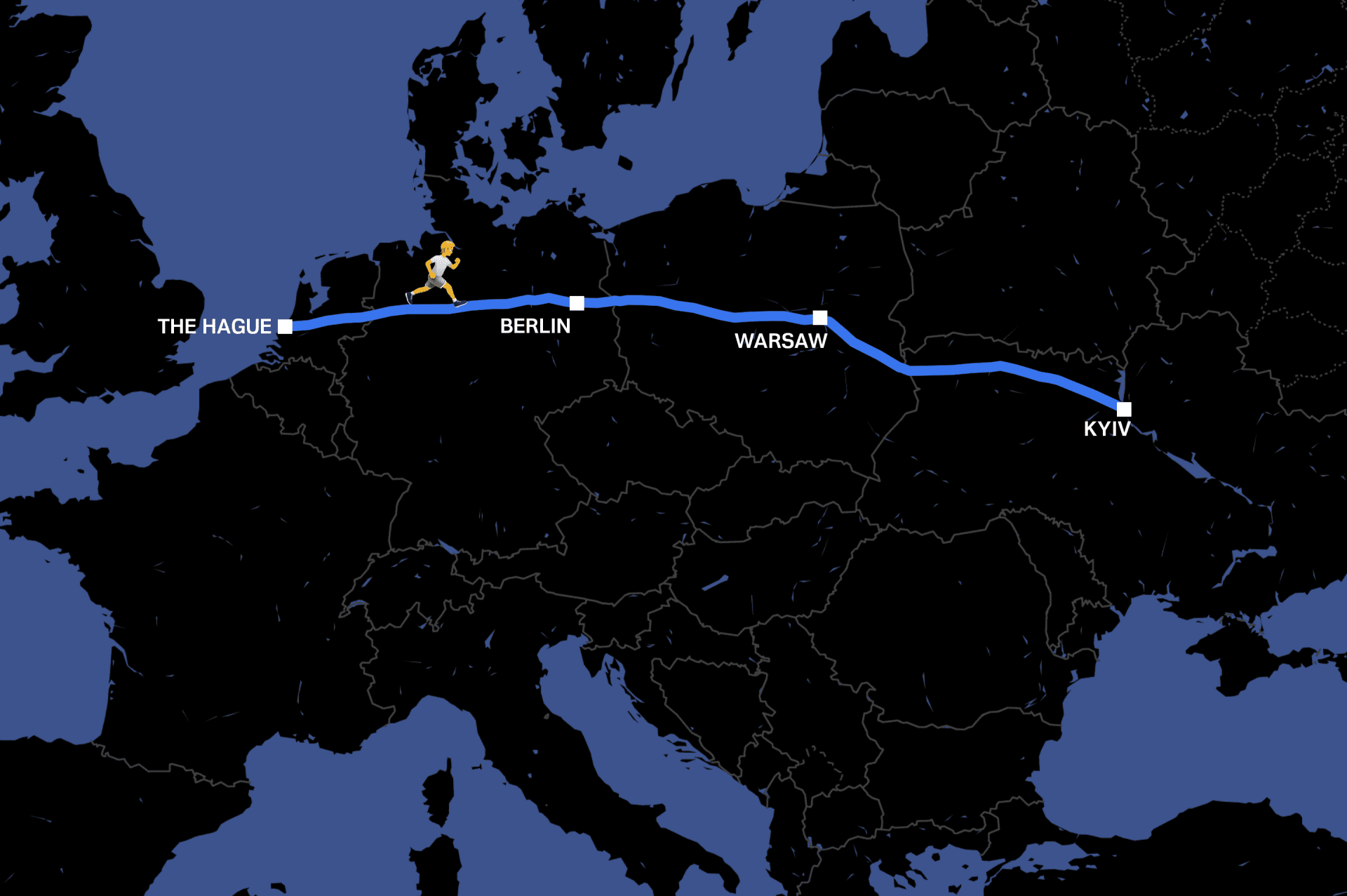 The 2,600 km route through The Netherlands, Germany, Poland and Ukraine. 11 runners managed it in 21 days, some of them achieving over 50 km in a day. Illustration: UNITED24 Media The 2,600 km route through The Netherlands, Germany, Poland and Ukraine. 11 runners managed it in 21 days, some of them achieving over 50 km in a day. Illustration: UNITED24 Media