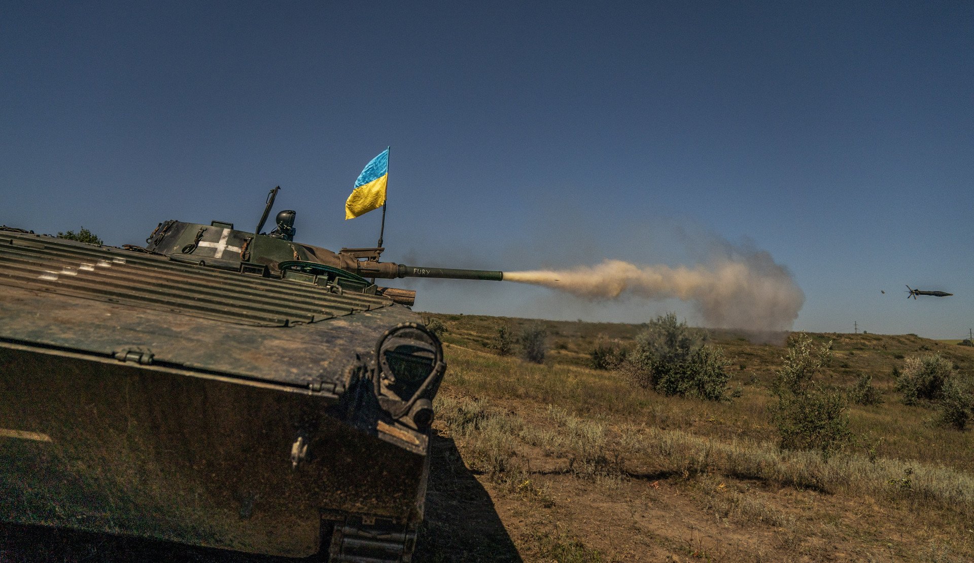BMP-1 infantry fighting vehicle is seen firing during a military training of the Ukrainian Army near Chasiv Yar in the Donetsk region, Ukraine, on August 19, 2023. (Source: Getty Images) BMP-1 infantry fighting vehicle is seen firing during a military training of the Ukrainian Army near Chasiv Yar in the Donetsk region, Ukraine, on August 19, 2023. (Source: Getty Images)