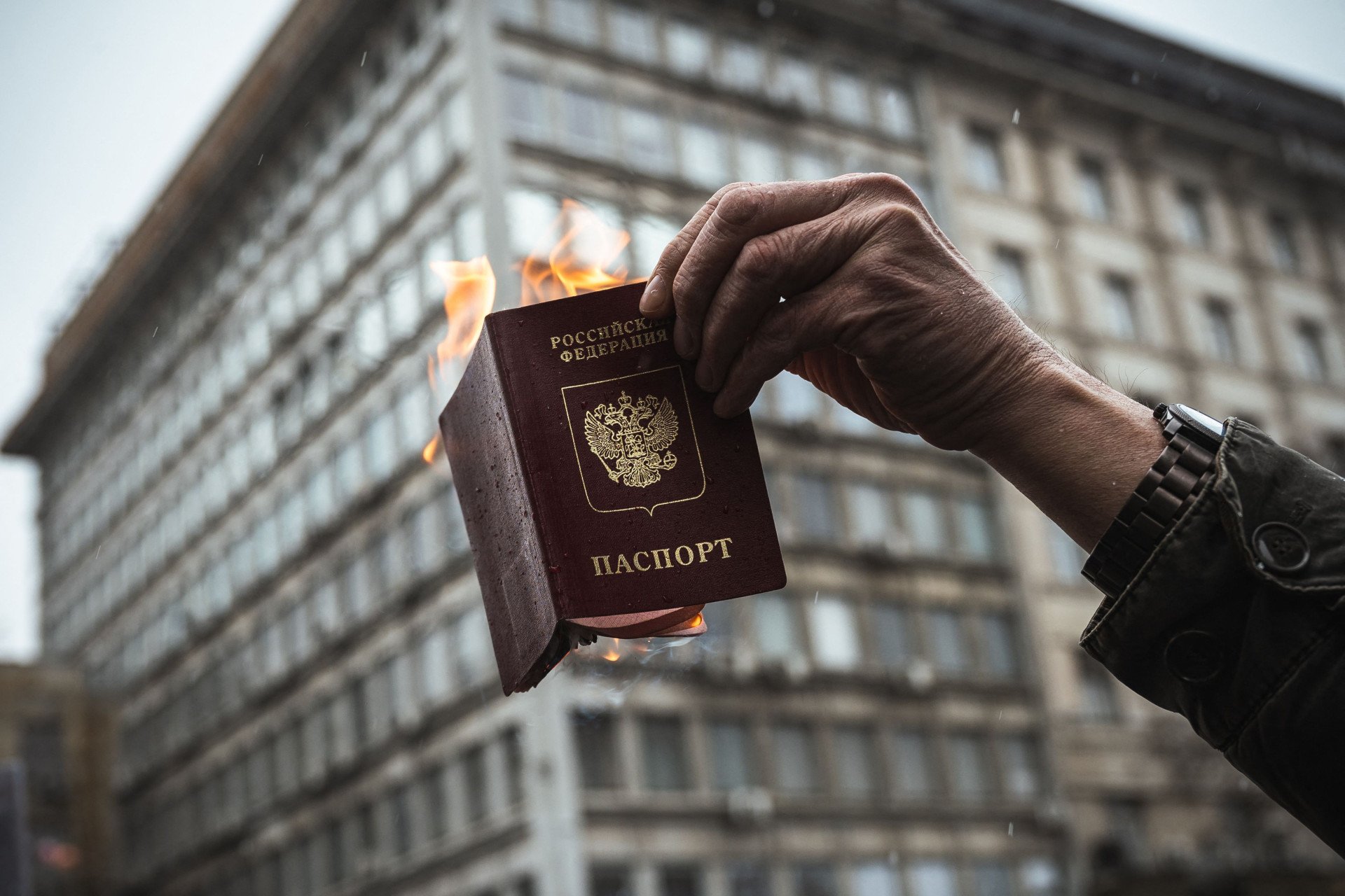 Protester burns Russian passport to appose Russia's invasion of Ukraine