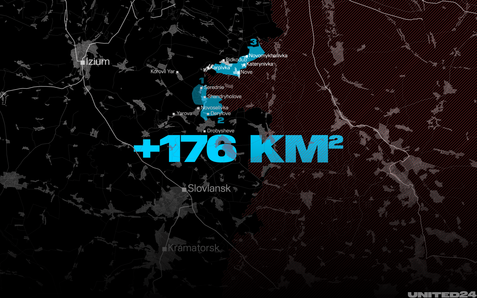 Ukrainian forces have taken control of 176 square kilometers of territory, 50 square kilometers of which were liberated from Russian occupation. (Illustration: UNITED24 Media) Ukrainian forces have taken control of 176 square kilometers of territory, 50 square kilometers of which were liberated from Russian occupation. (Illustration: UNITED24 Media)